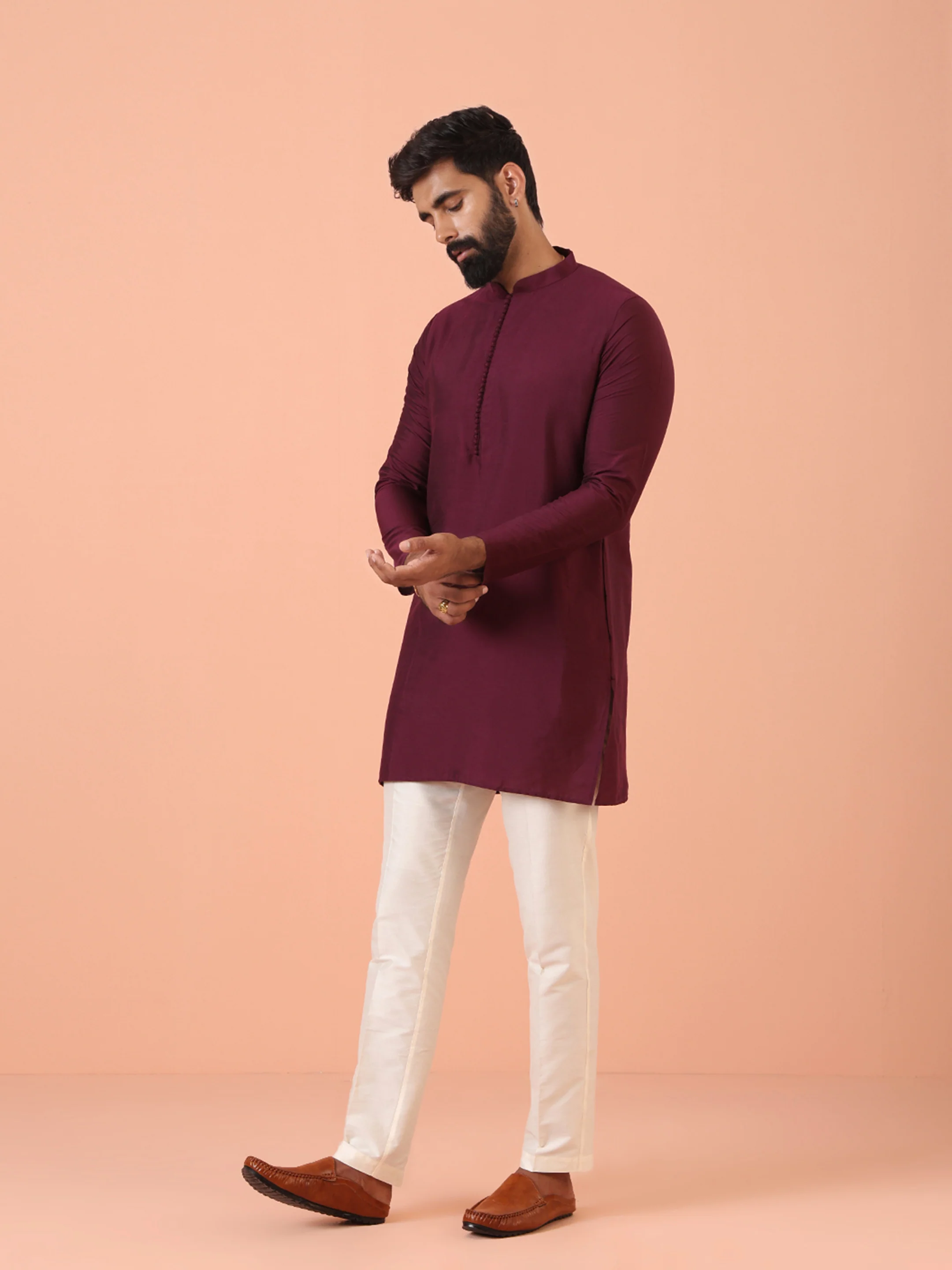 Wine Solid Silk Blend Mid Kurta - Image 3