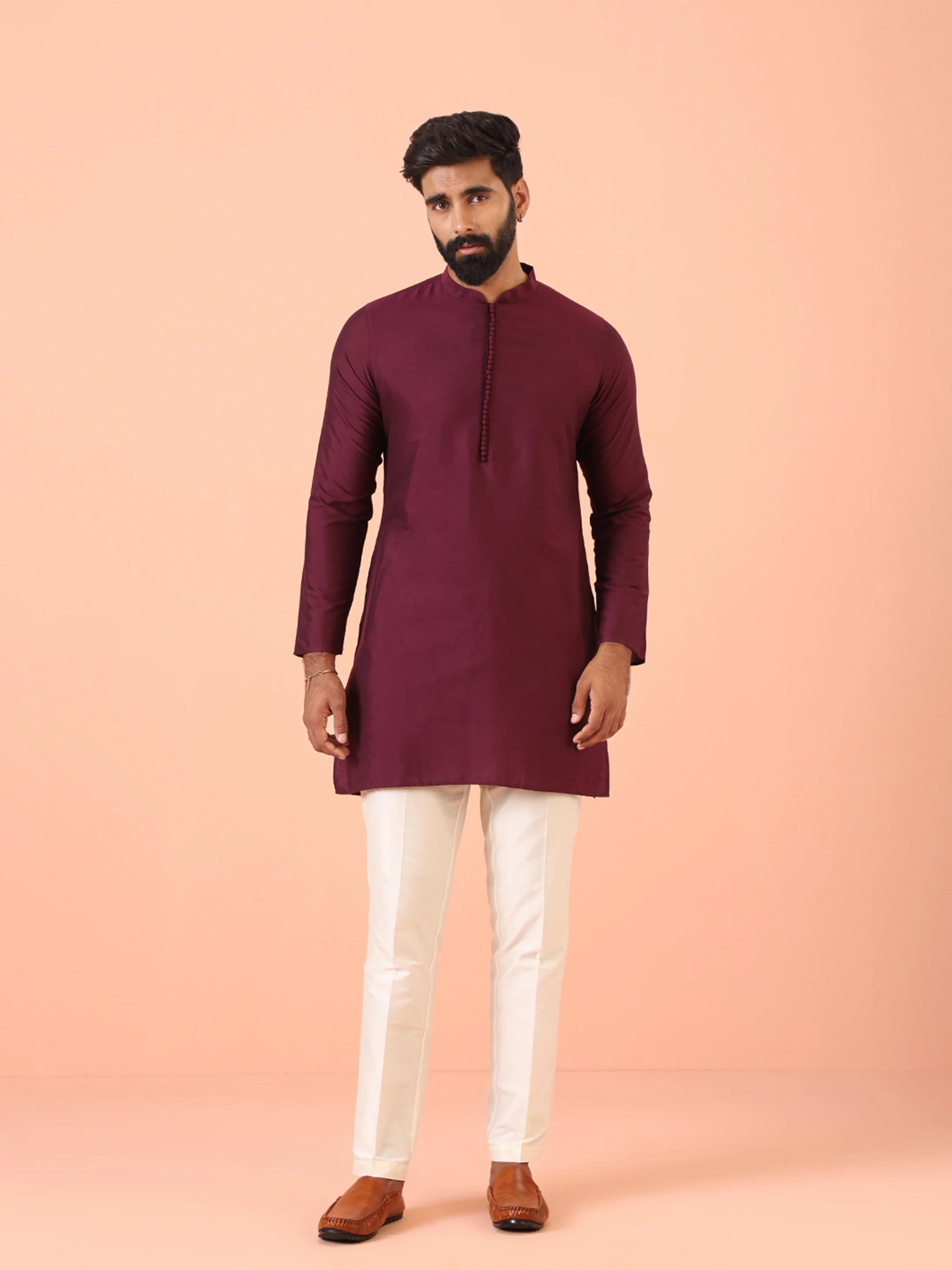 Men Wine Kurta Trouser Set - Image 2