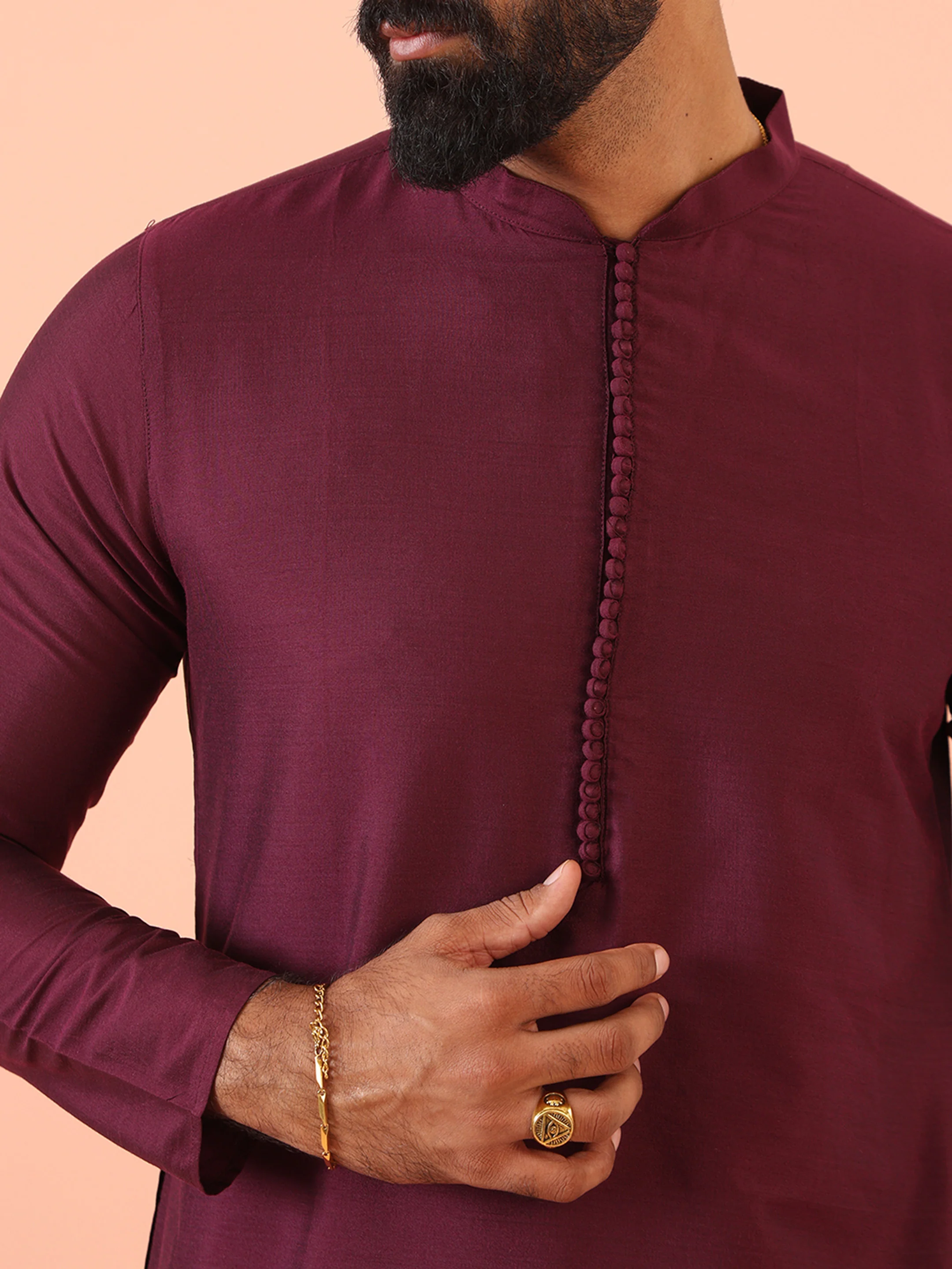 Men Wine Kurta Trouser Set - Image 6