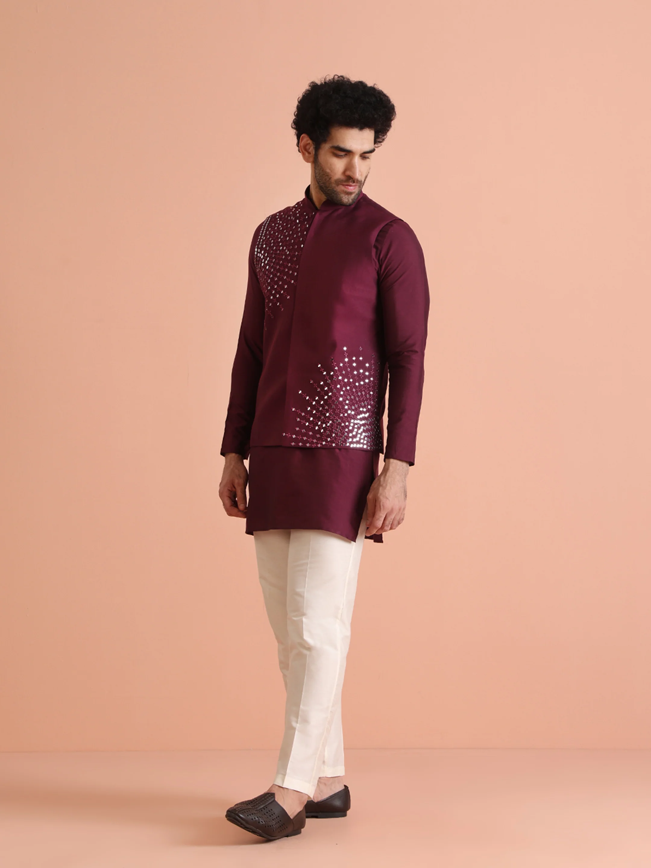 Wine Mirror Work Nehru Jacket - Image 3