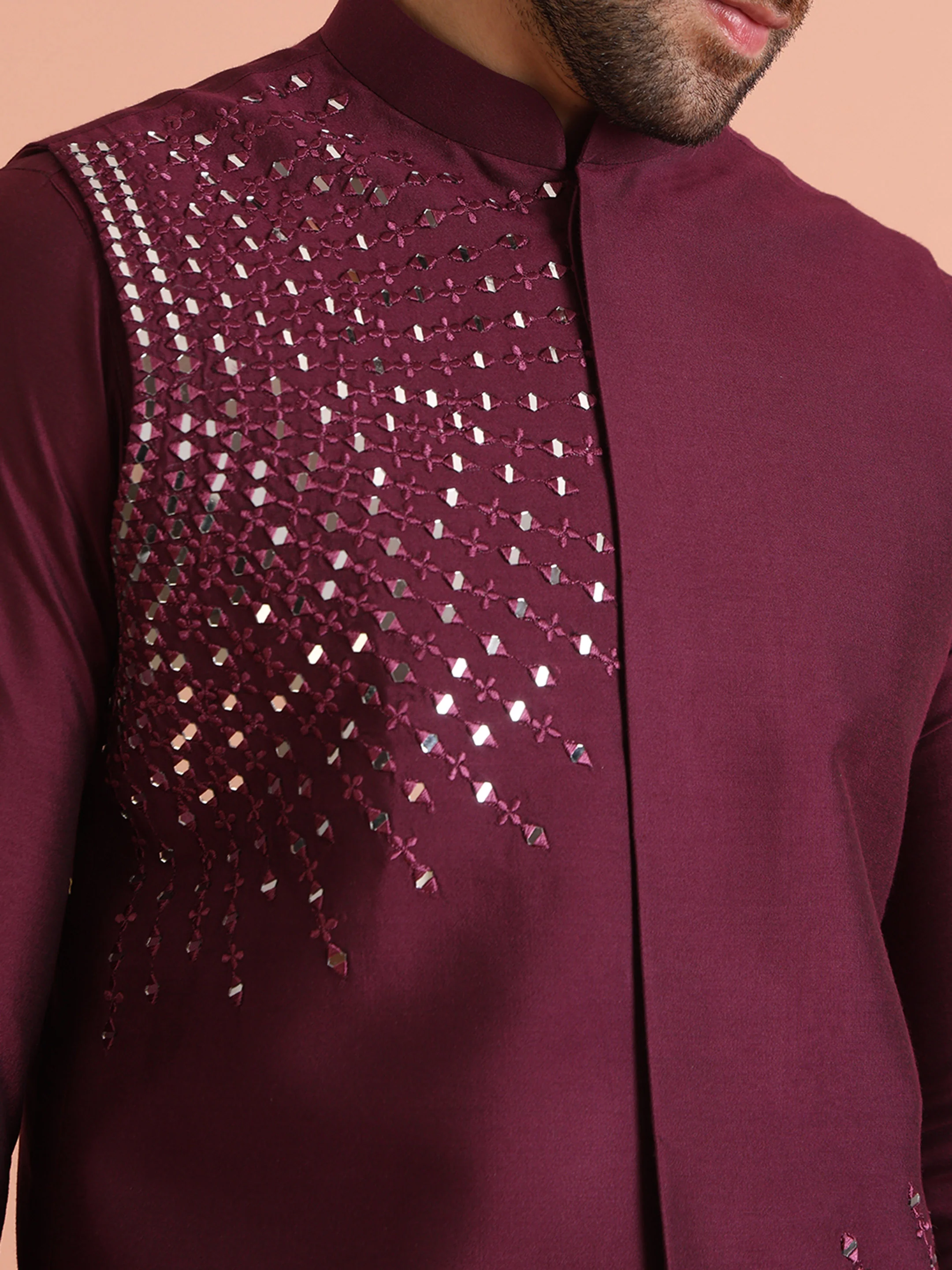 Wine Mirror Work Nehru Jacket - Image 5