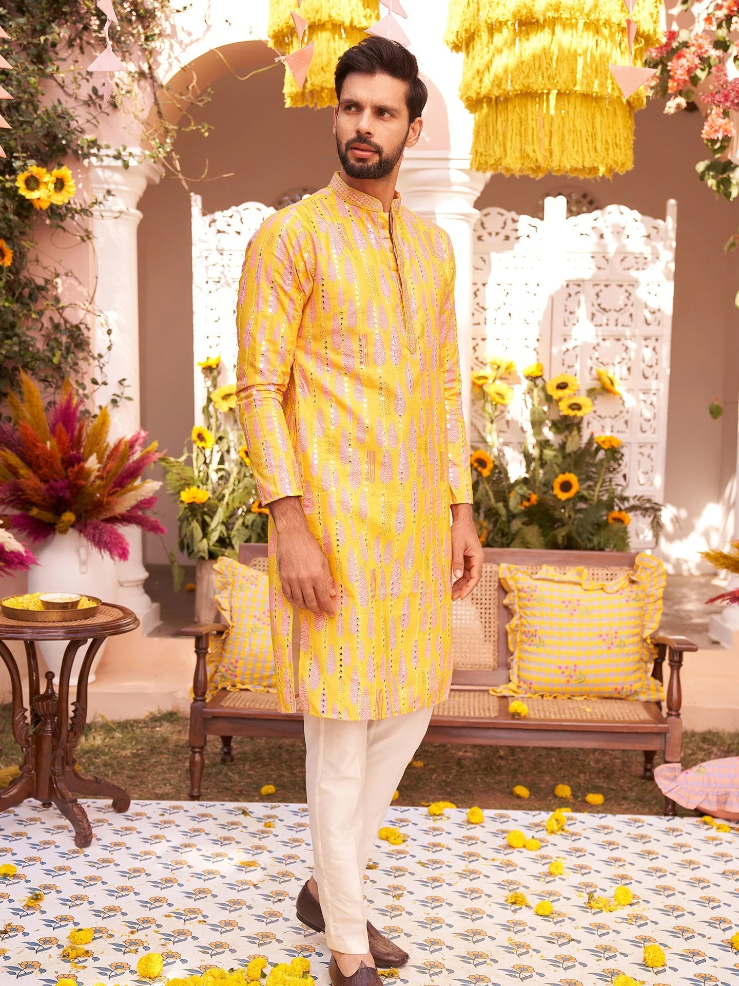 Yellow Sequin Kurta with Cream Trouser Set - Image 11