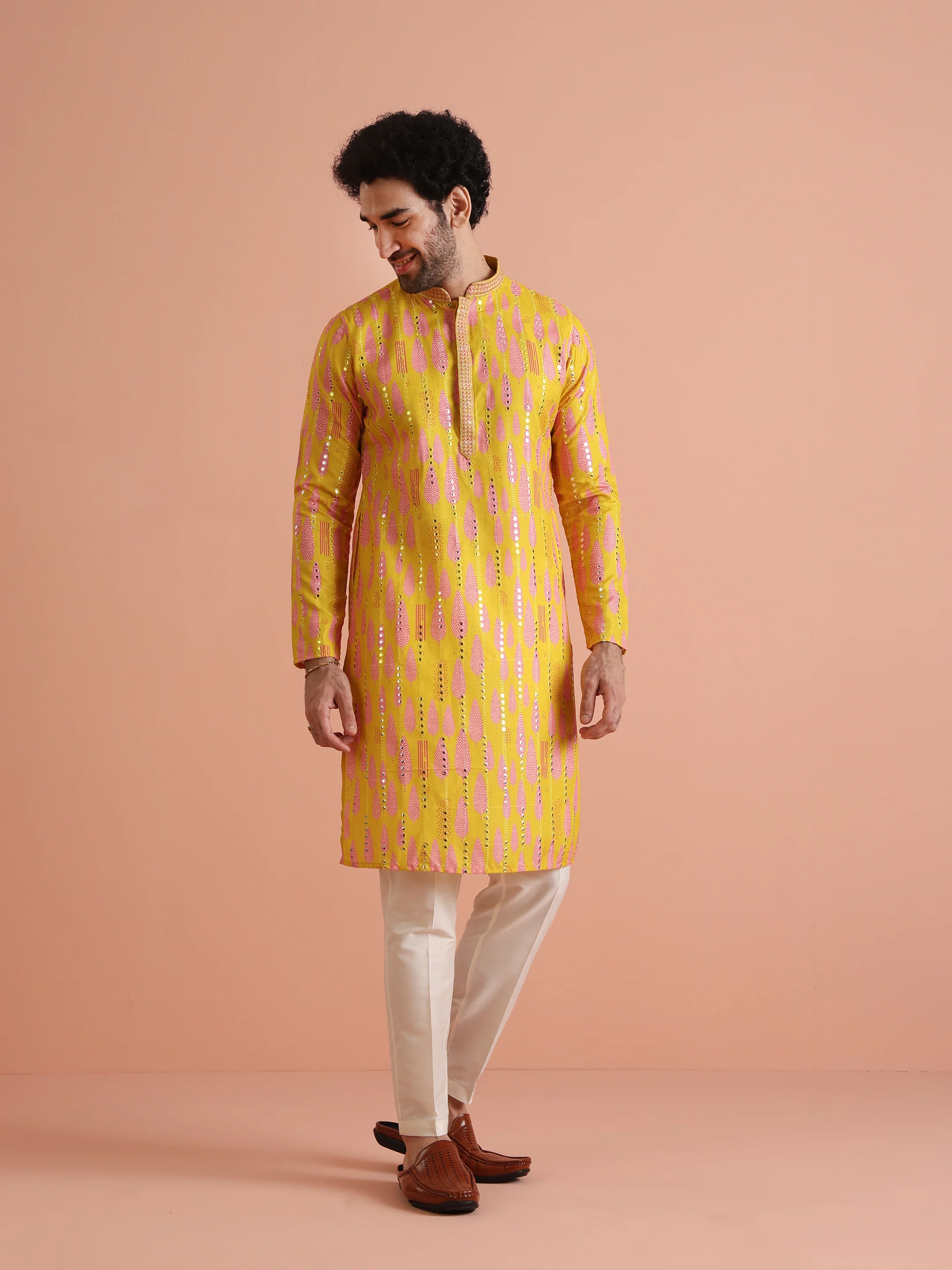 Yellow Sequin Kurta with Cream Trouser Set - Image 2
