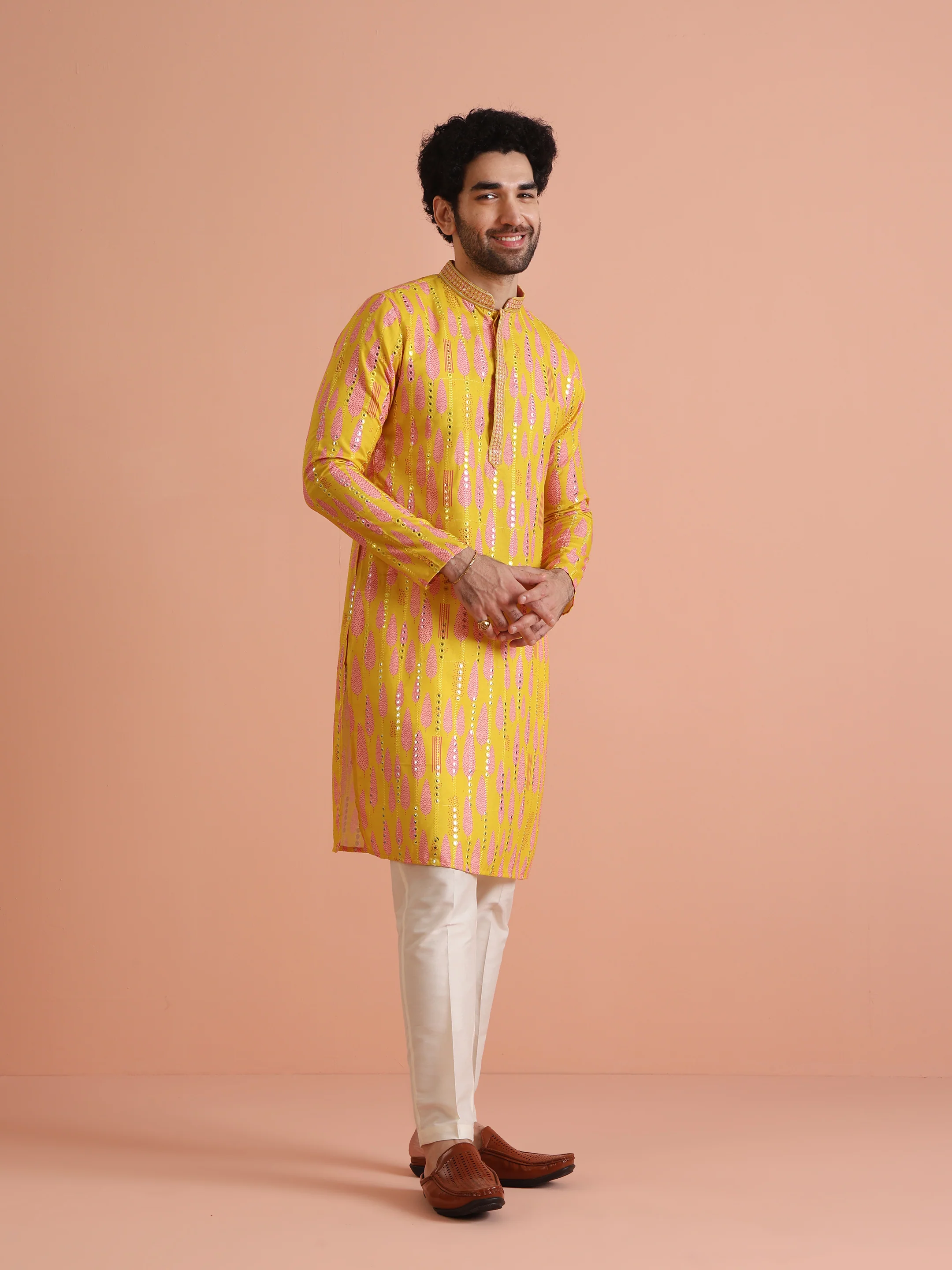 Yellow Sequin Kurta with Cream Trouser Set - Image 3