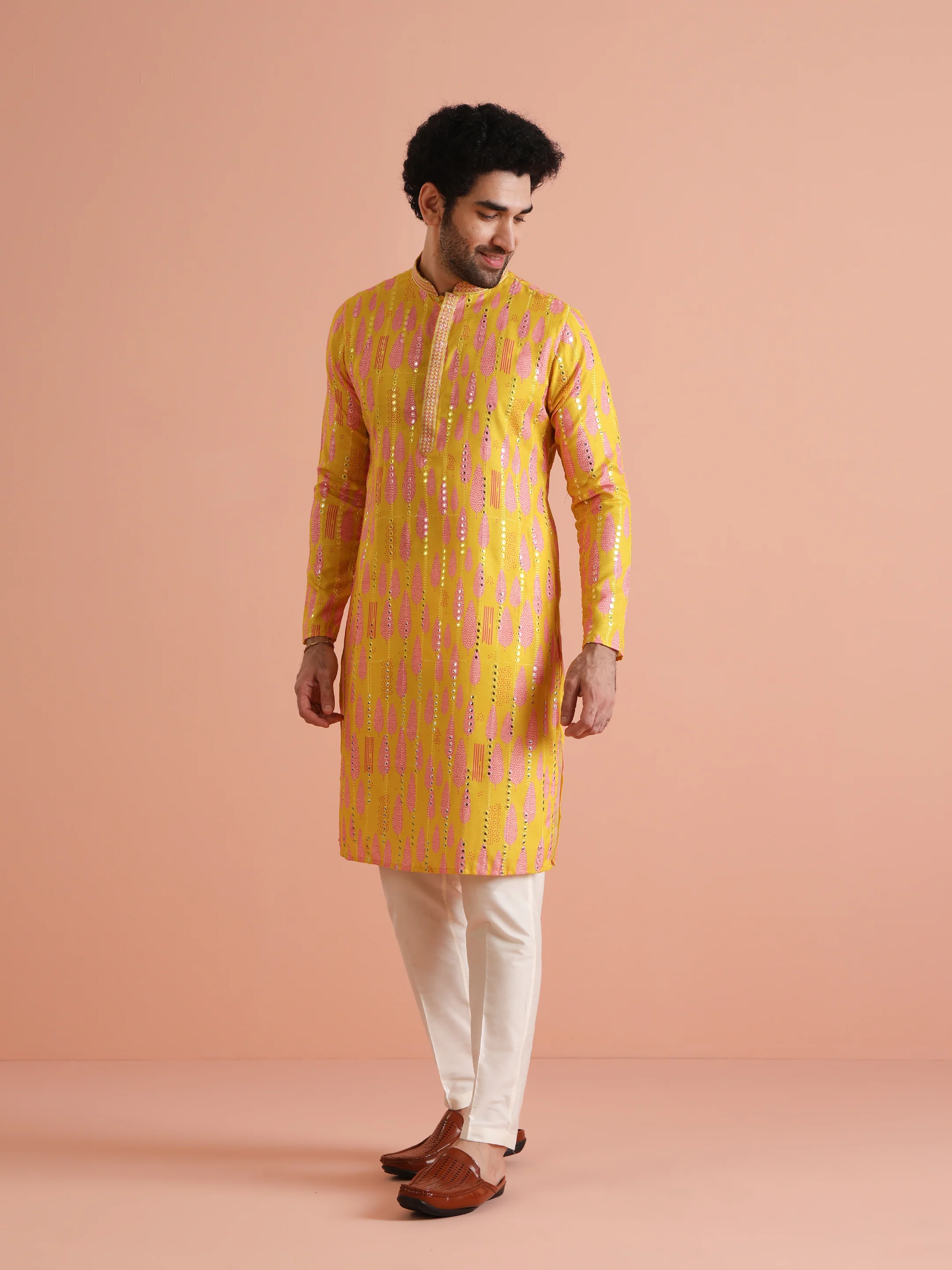 Yellow Sequin Kurta with Cream Trouser Set - Image 4