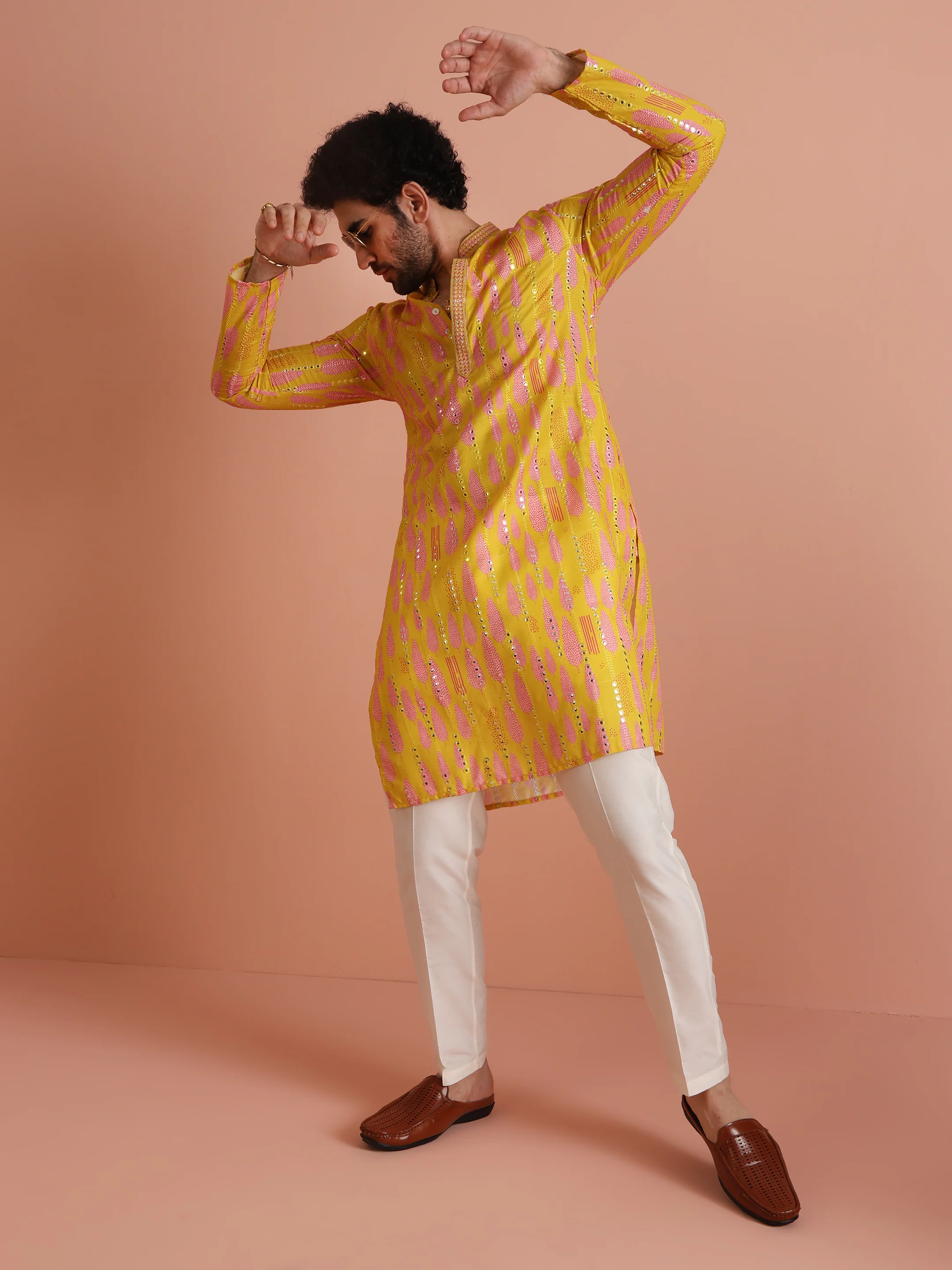 Yellow Sequin Kurta with Cream Trouser Set - Image 8