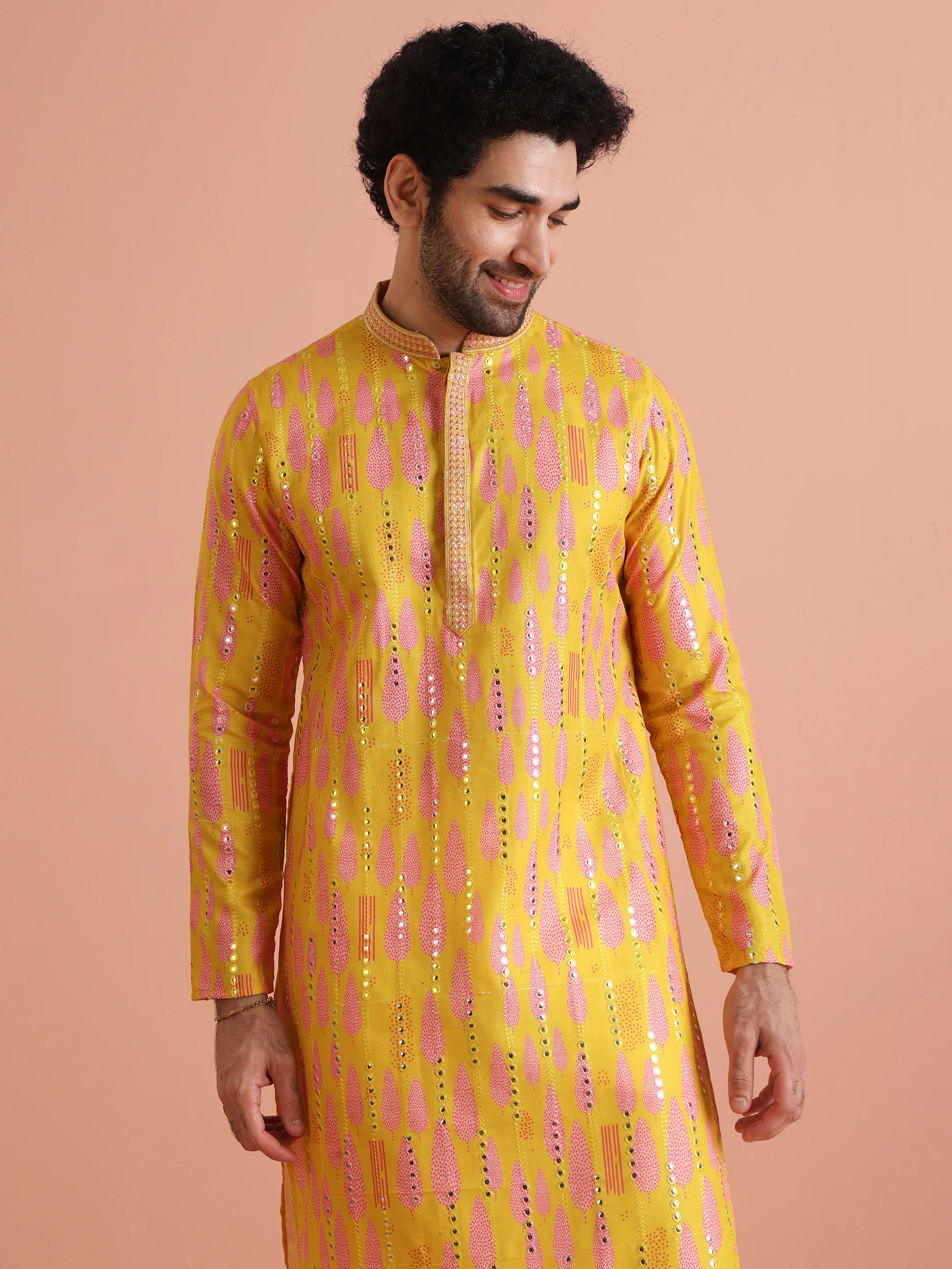 Yellow Sequin Kurta with Cream Trouser Set - Image 9