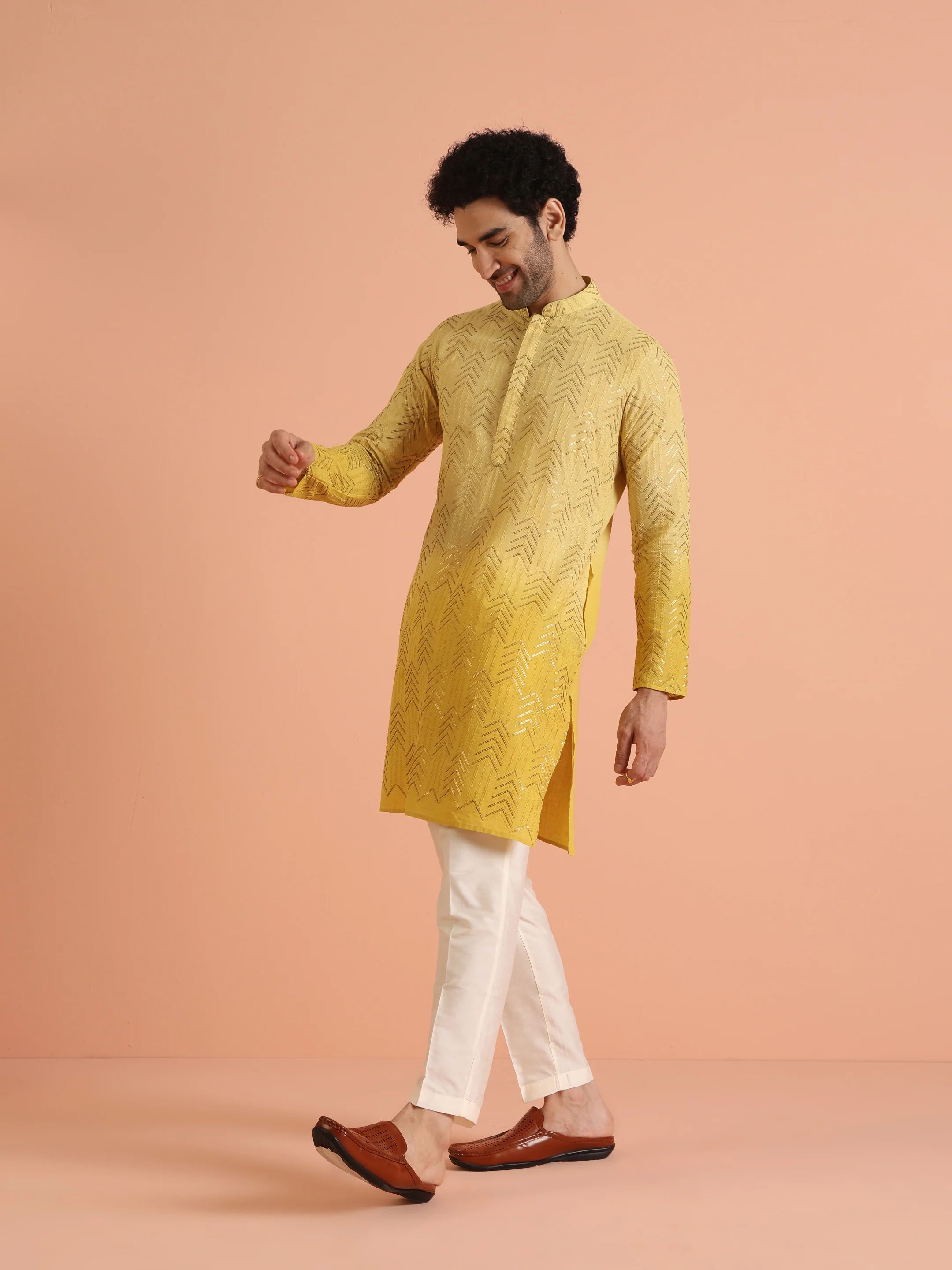Men Yellow Embroidered Sequinned Kurta Trouser Set - Image 3