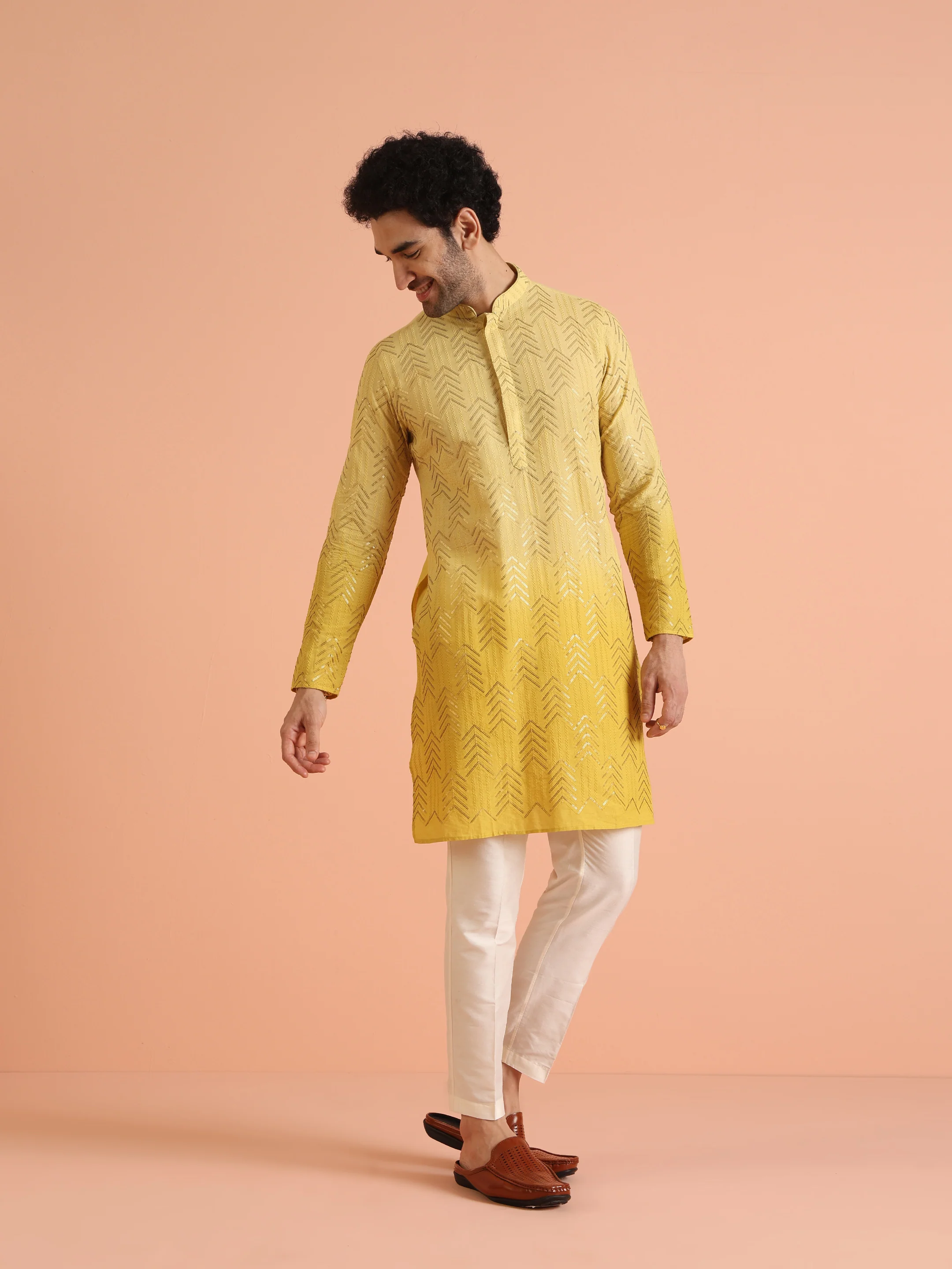 Men Yellow Embroidered Sequinned Kurta Trouser Set - Image 4
