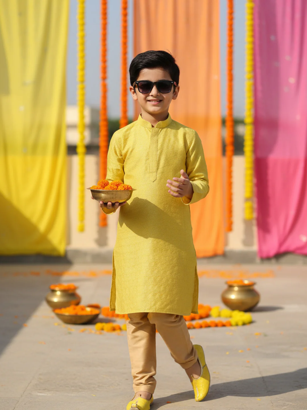 Men Yellow Jacquard Kurta Pyjama Set with Ethnic Motifs - Image 2