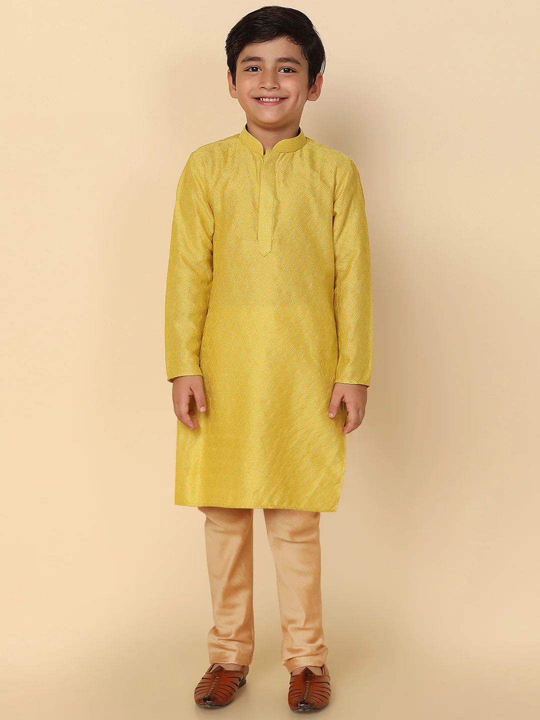 Men Yellow Jacquard Kurta Pyjama Set with Ethnic Motifs - Image 3