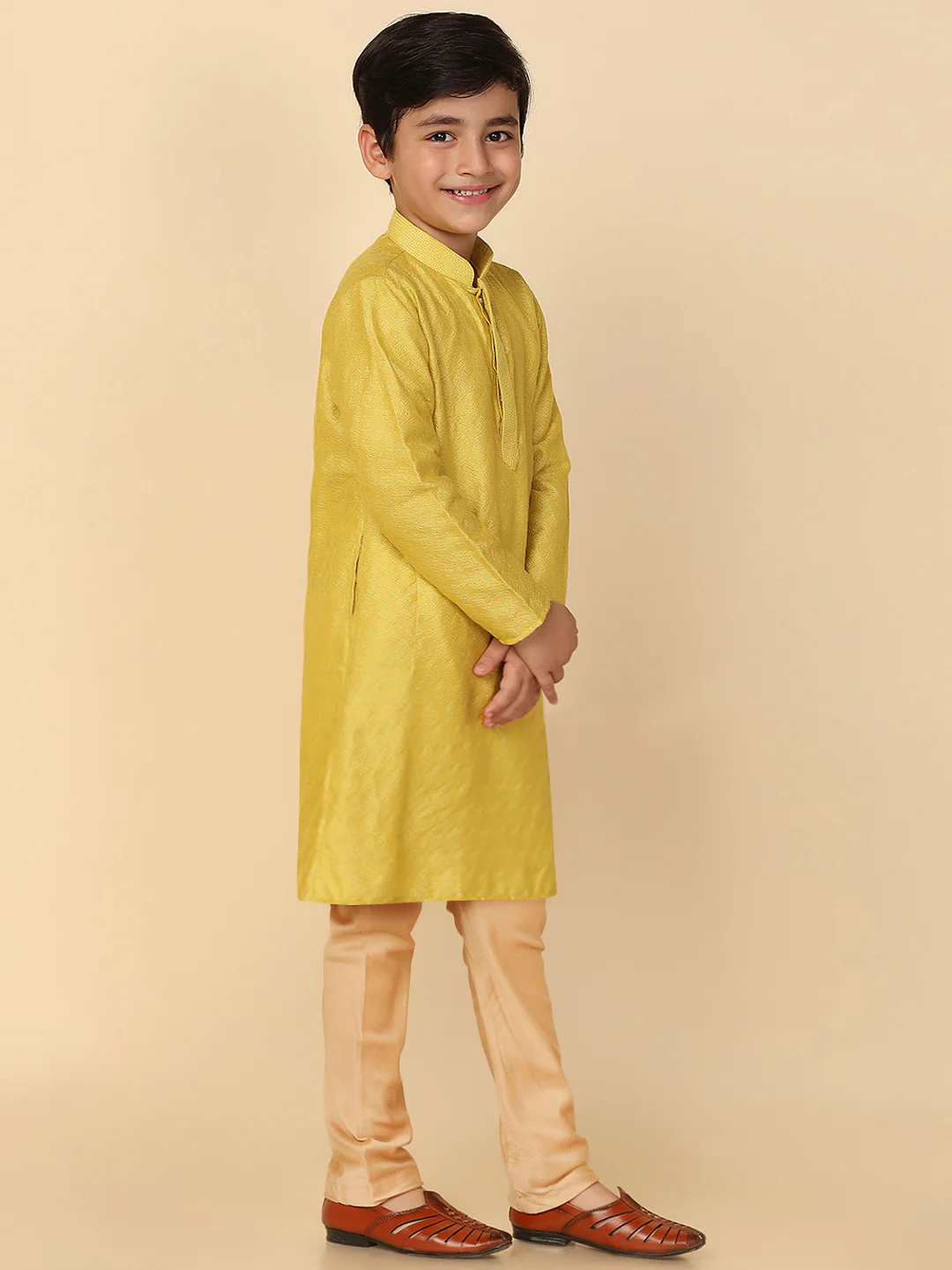 Men Yellow Jacquard Kurta Pyjama Set with Ethnic Motifs - Image 4
