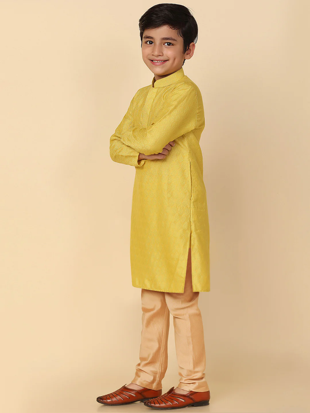 Men Yellow Jacquard Kurta Pyjama Set with Ethnic Motifs - Image 5