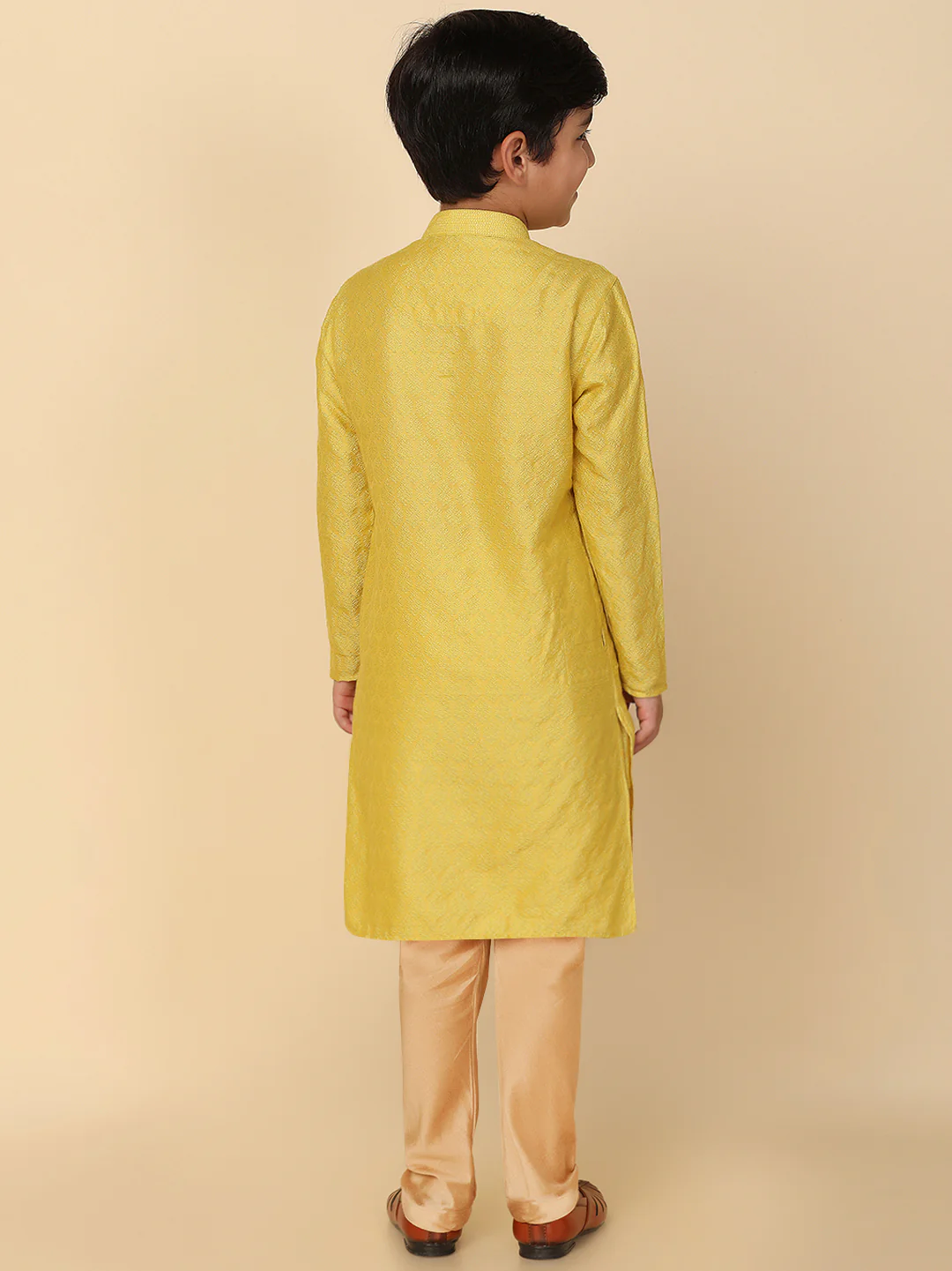 Men Yellow Jacquard Kurta Pyjama Set with Ethnic Motifs - Image 6
