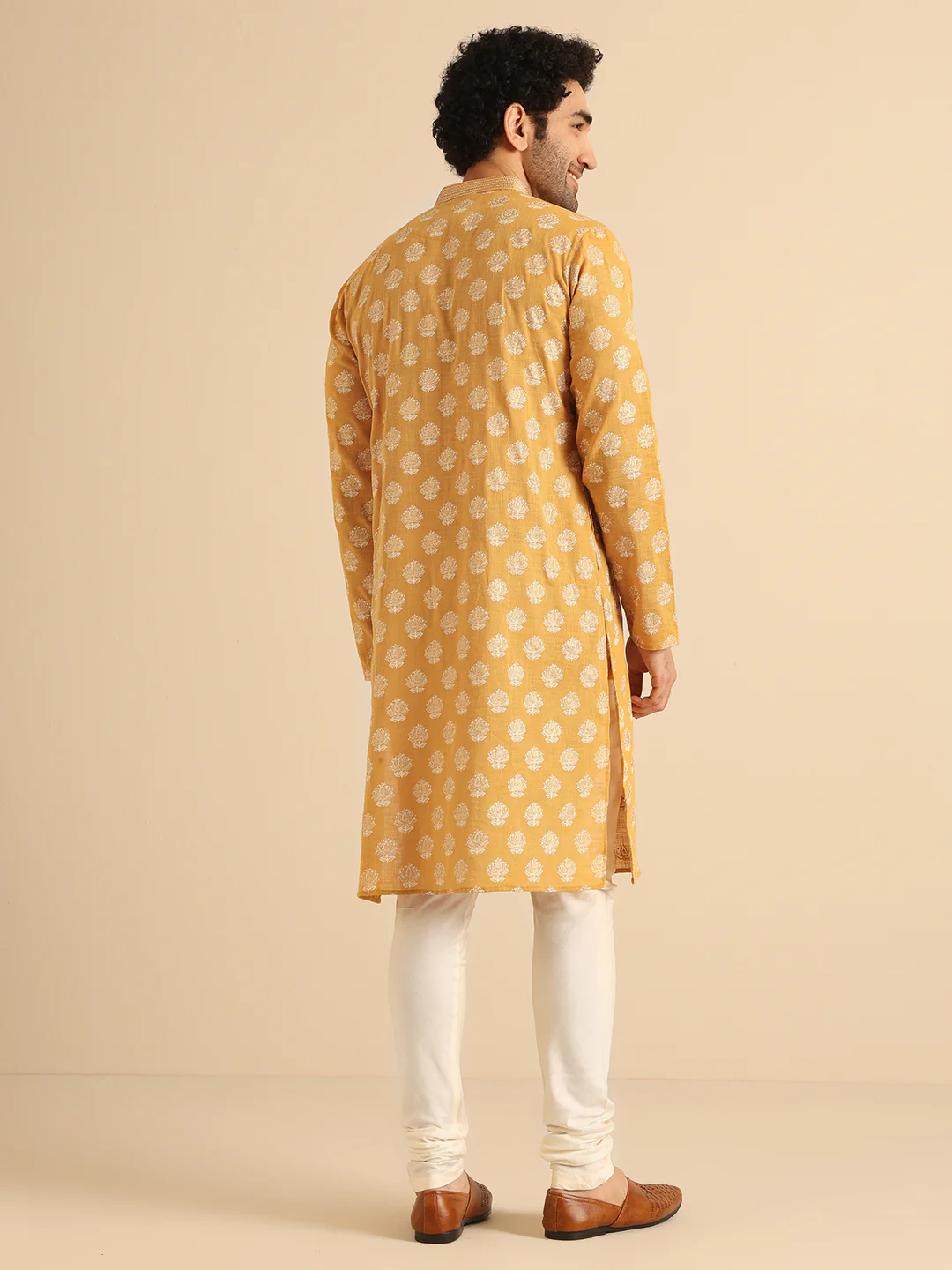 Mustard Yellow Kurta Cream Churidar Set - Image 4