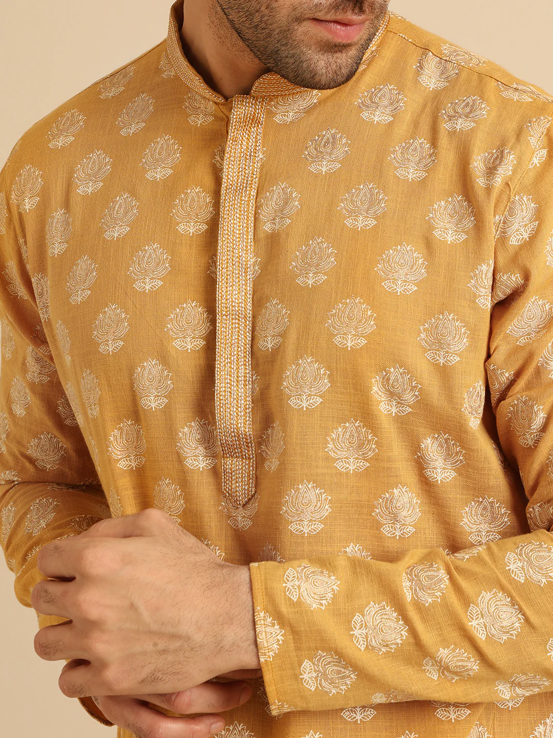 Mustard Yellow Kurta Cream Churidar Set - Image 5