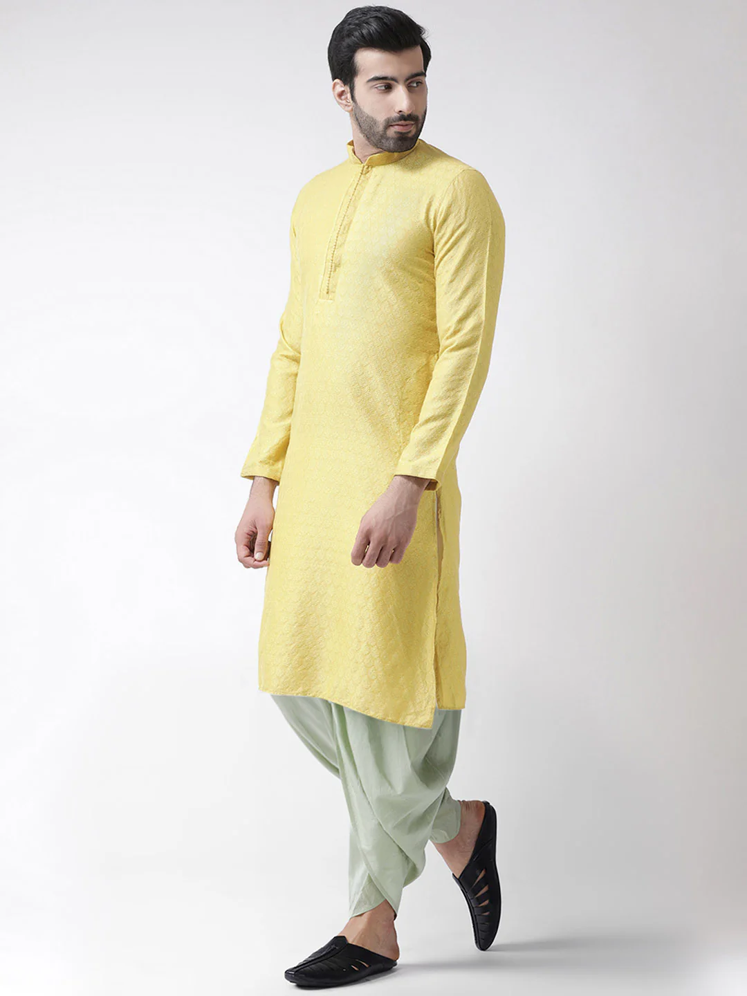 Yellow Silk Blend Kurta Mint Dhoti Set - Image 2
