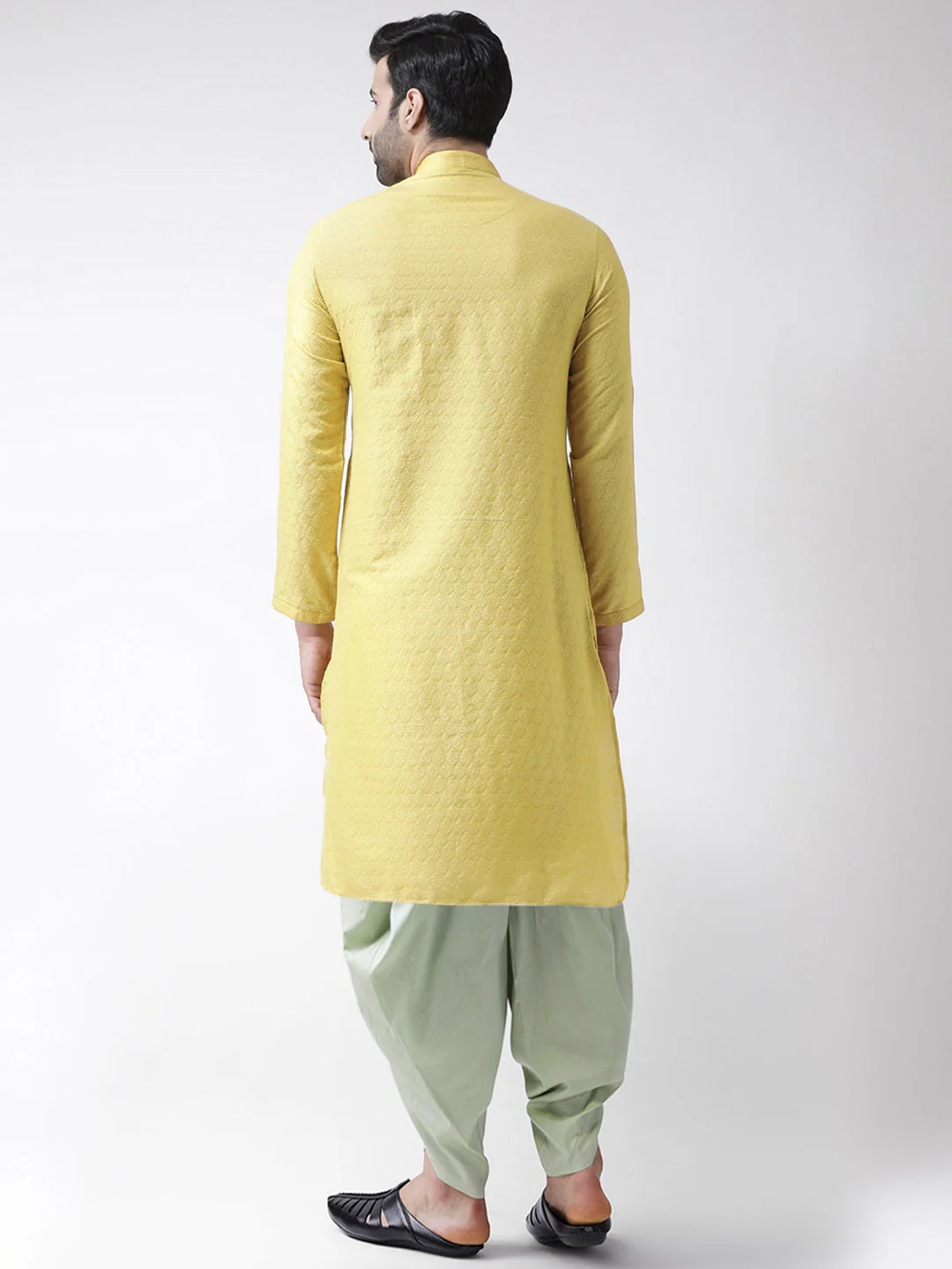 Yellow Silk Blend Kurta Mint Dhoti Set - Image 3