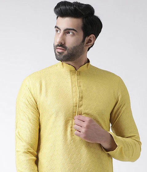 Yellow Silk Blend Kurta Mint Dhoti Set - Image 4