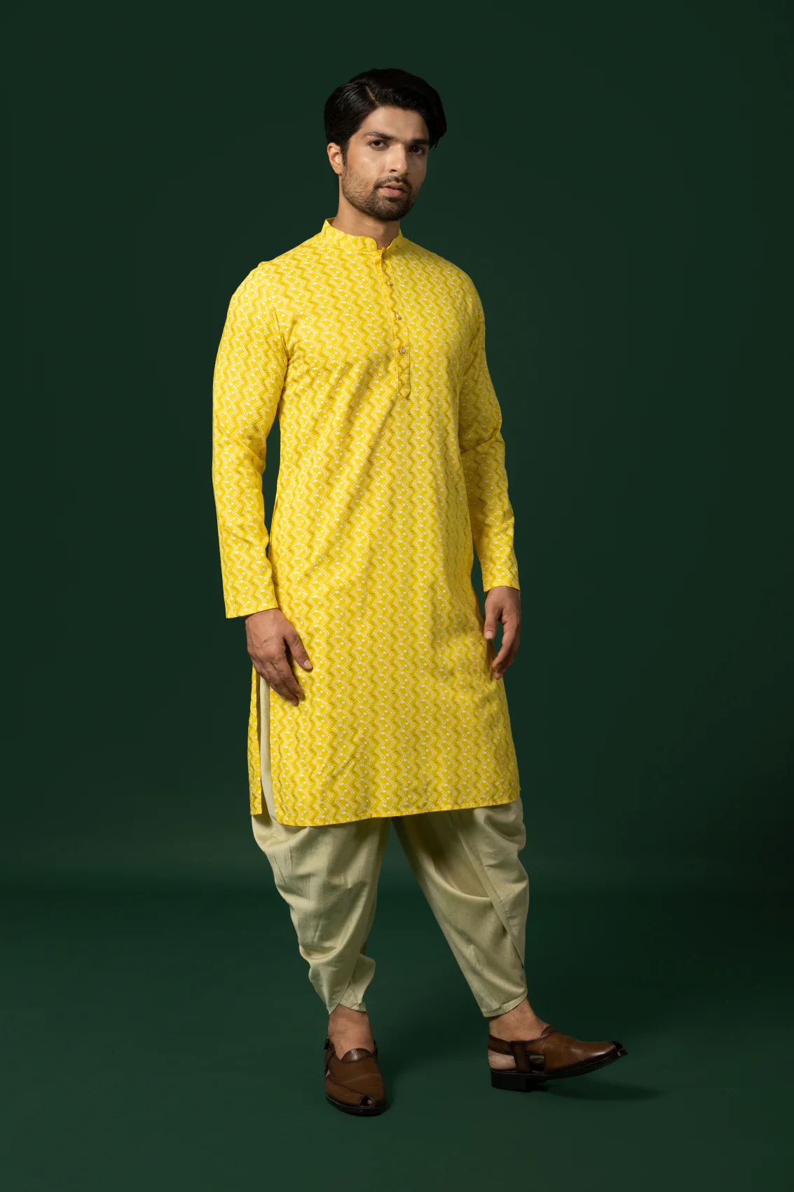 Yellow Silk Blend Printed Kurta Dhoti - Image 2