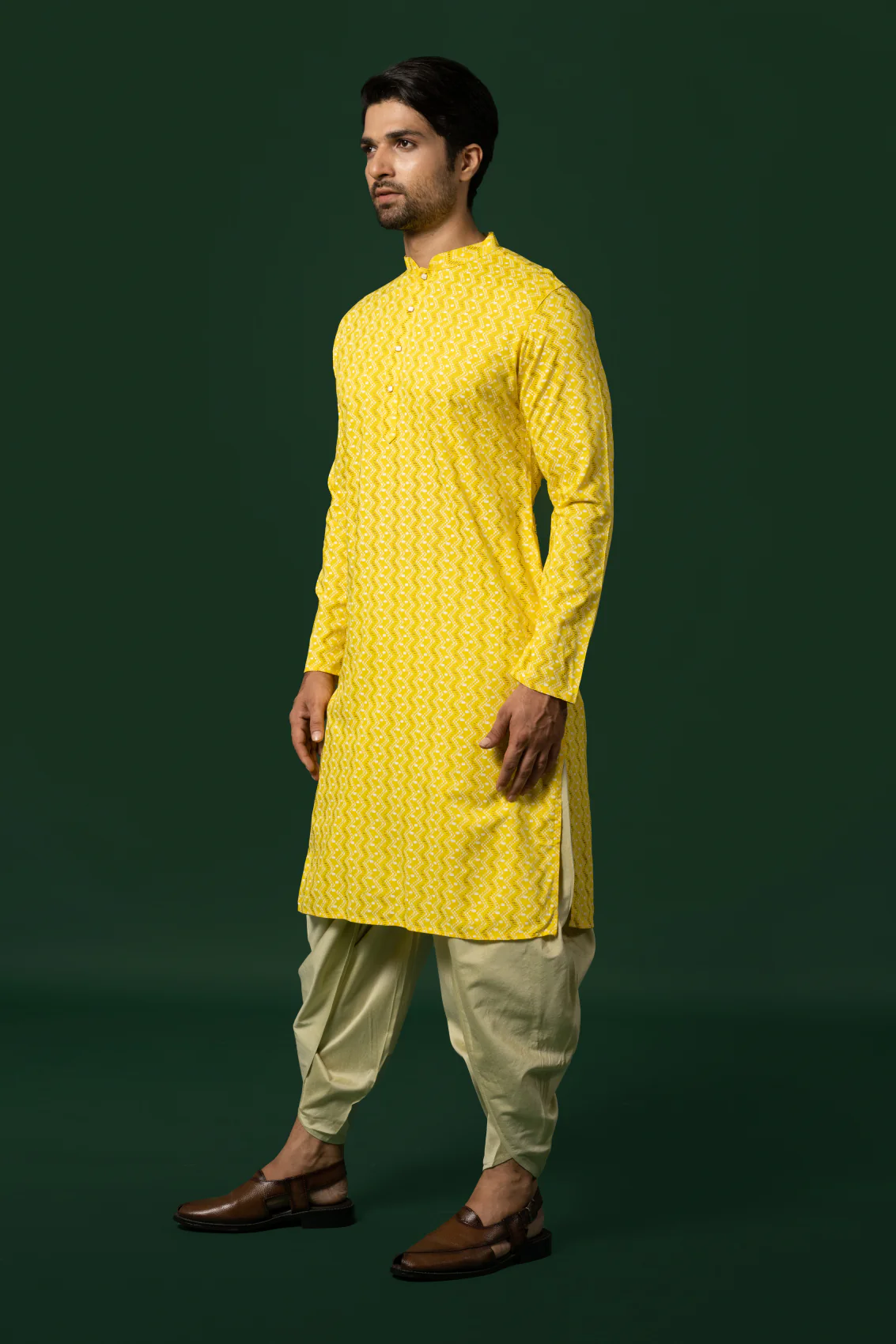 Yellow Silk Blend Printed Kurta Dhoti - Image 3