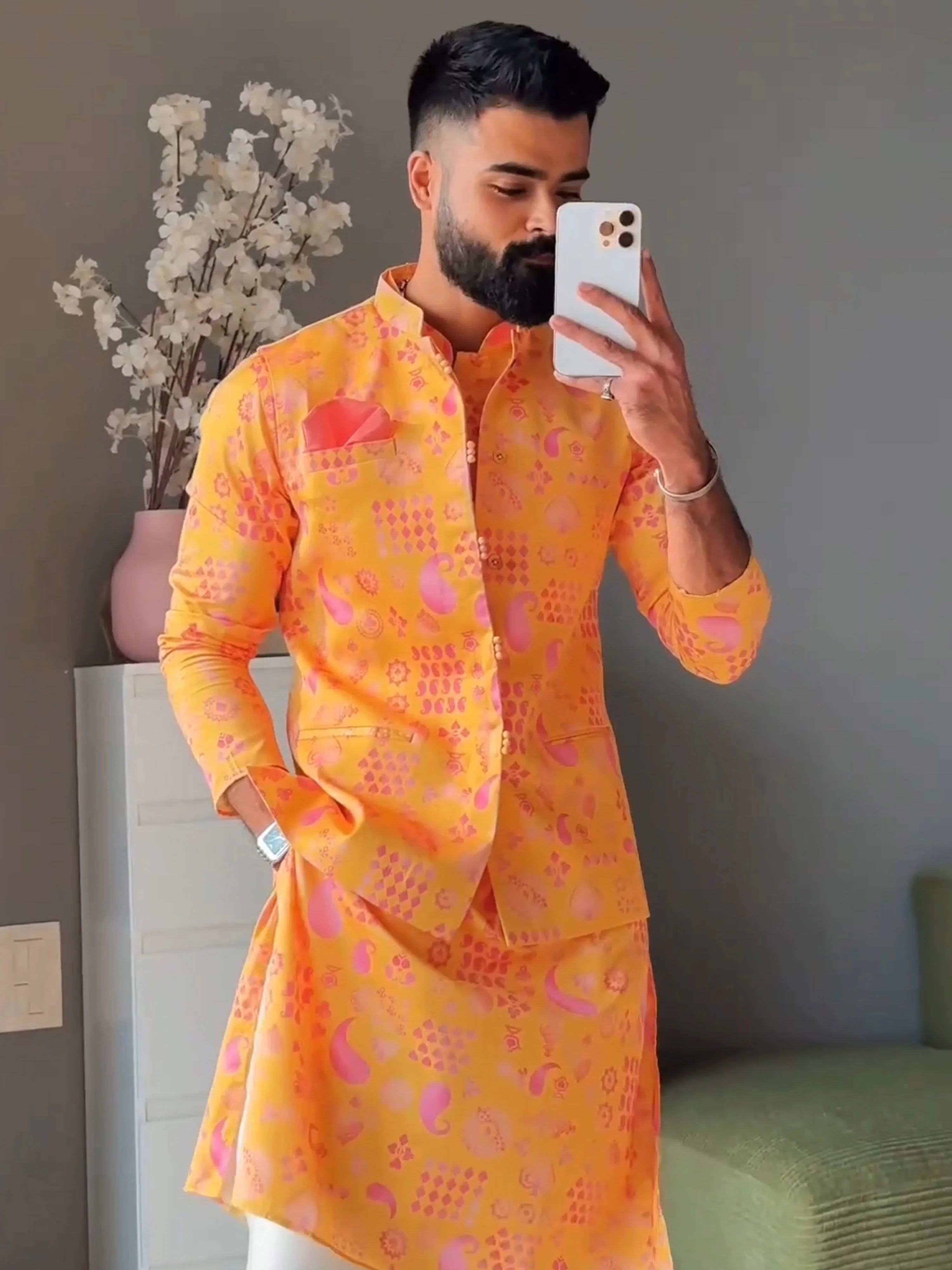 Yellow Cotton Silk Printed Nehru Jacket Kurta Trouser