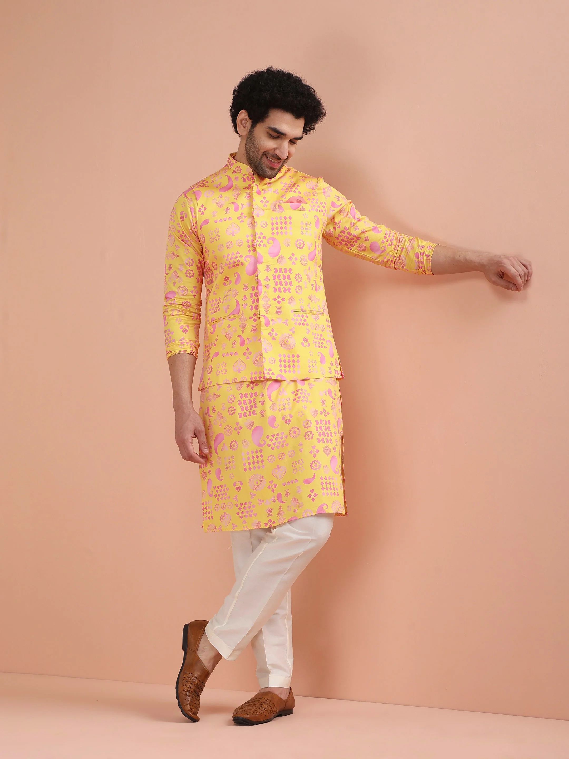 Yellow Cotton Silk Printed Nehru Jacket Kurta Trouser - Image 10