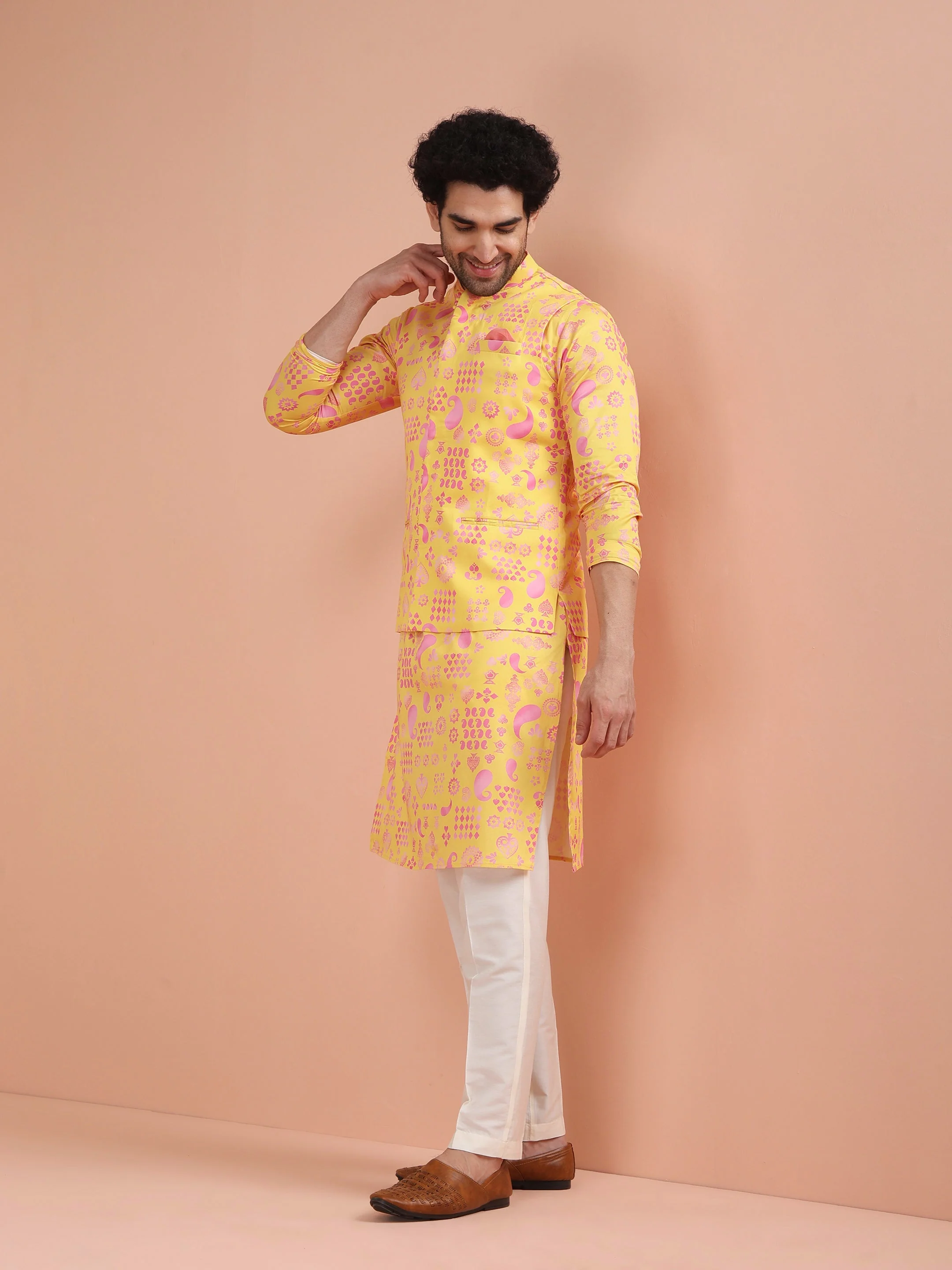 Yellow Cotton Silk Printed Nehru Jacket Kurta Trouser - Image 12