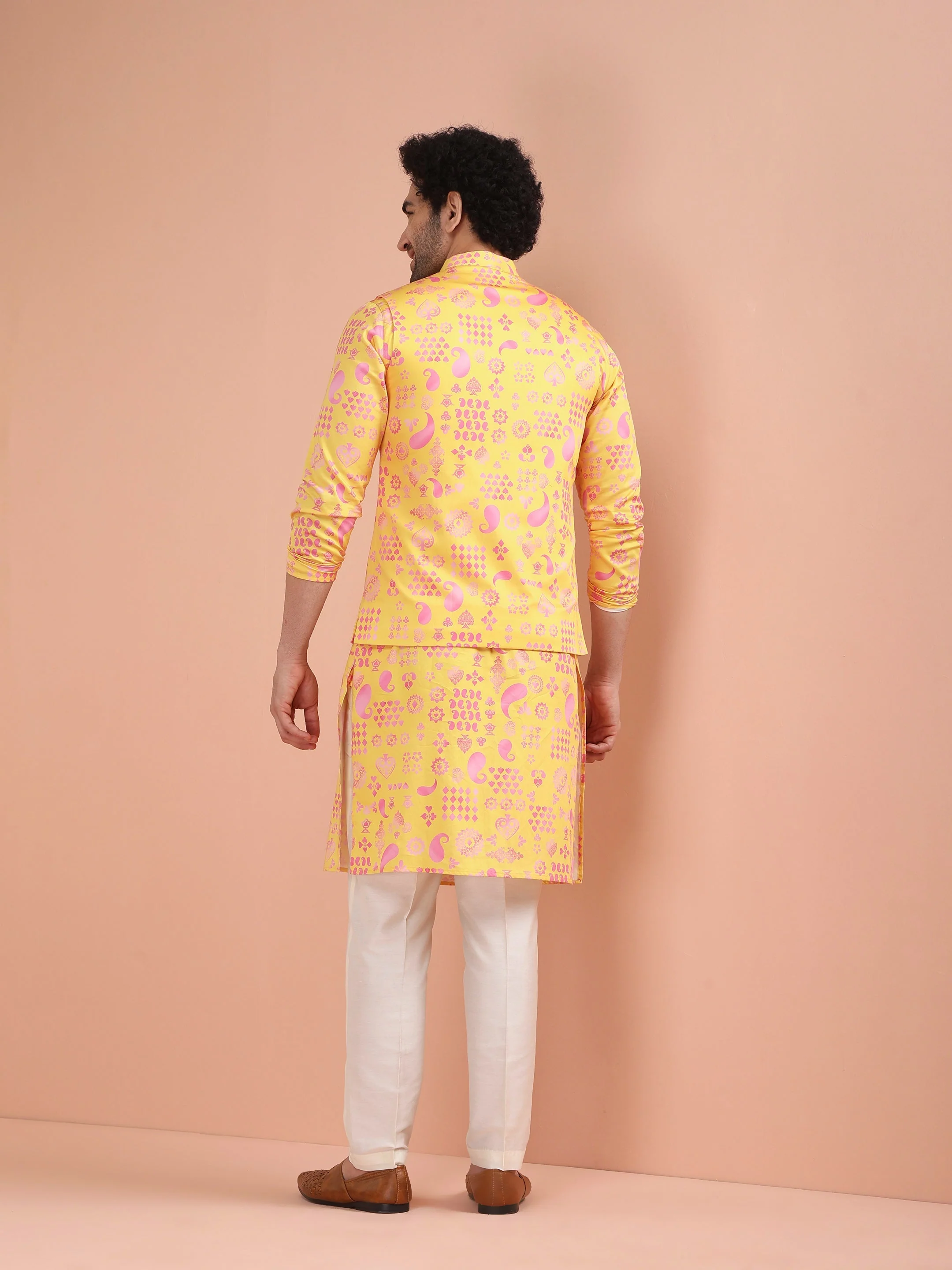 Yellow Cotton Silk Printed Nehru Jacket Kurta Trouser - Image 13
