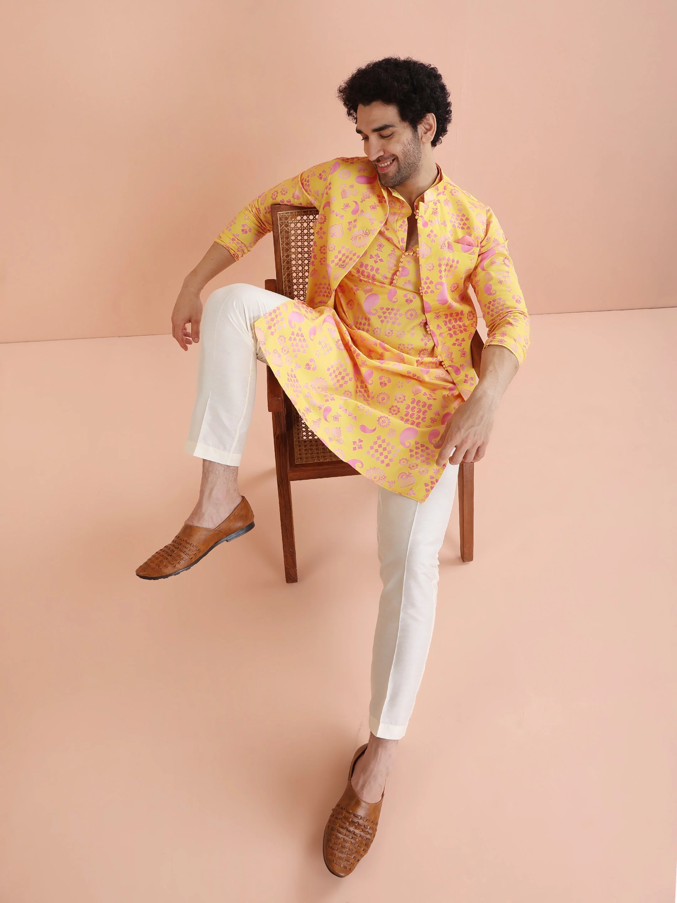 Yellow Cotton Silk Printed Nehru Jacket Kurta Trouser - Image 17