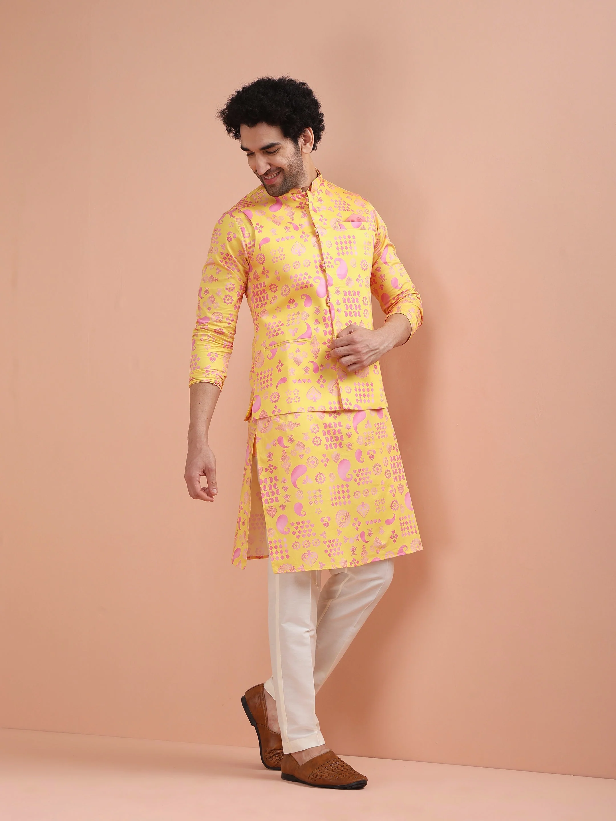 Yellow Cotton Silk Printed Nehru Jacket Kurta Trouser - Image 19