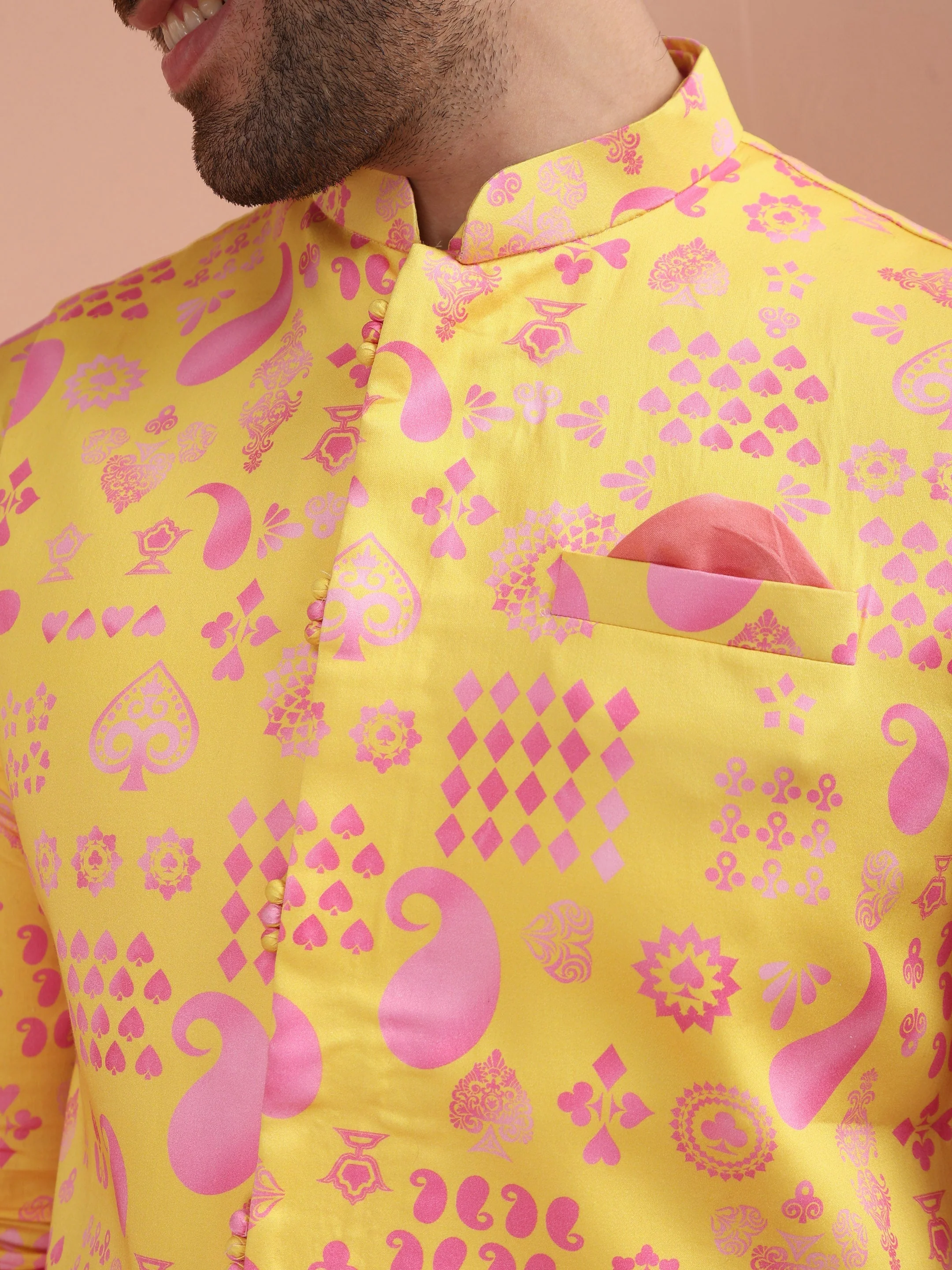 Yellow Cotton Silk Printed Nehru Jacket Kurta Trouser - Image 22