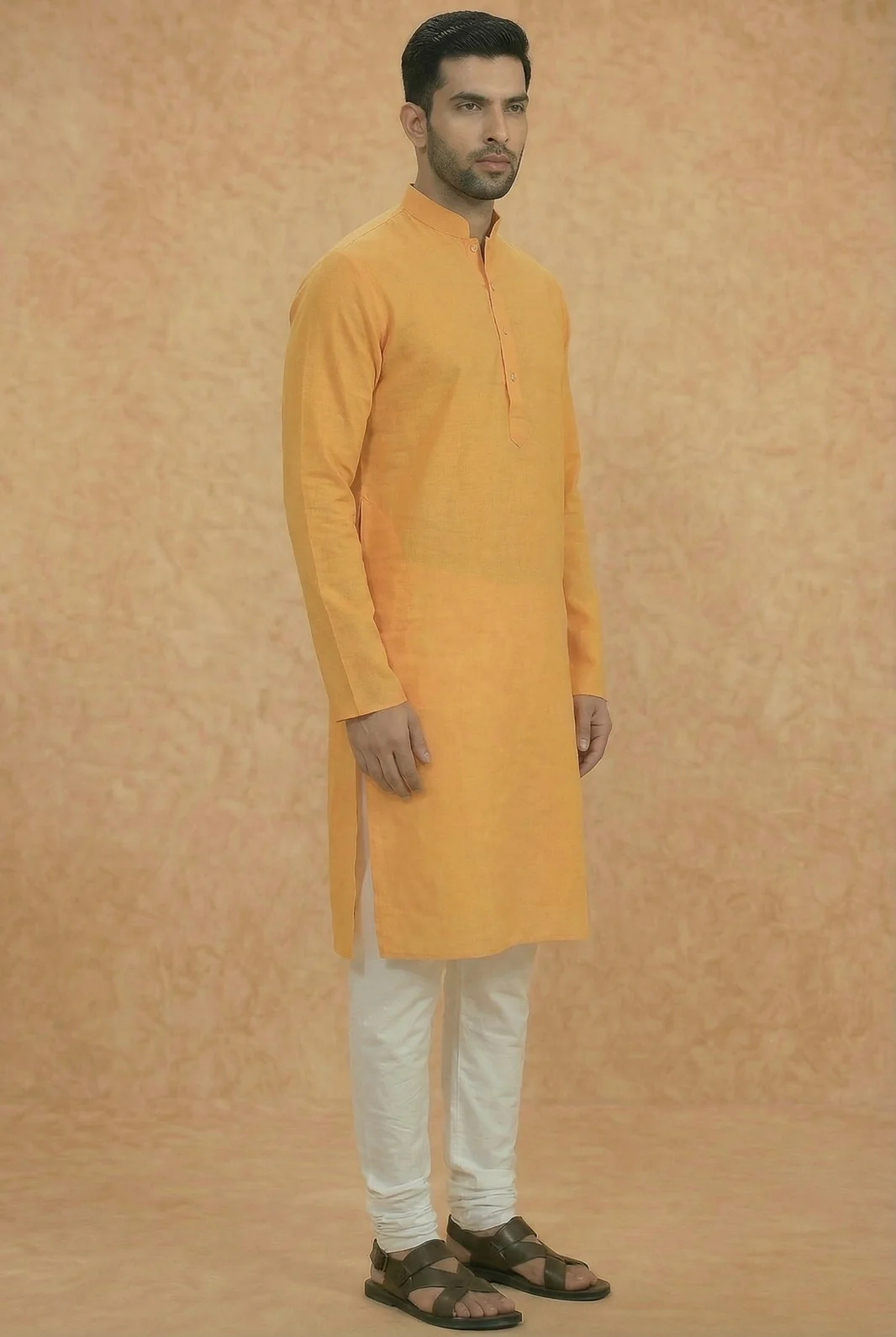 Yellow Silk Blend Solid Long Kurta - Image 6