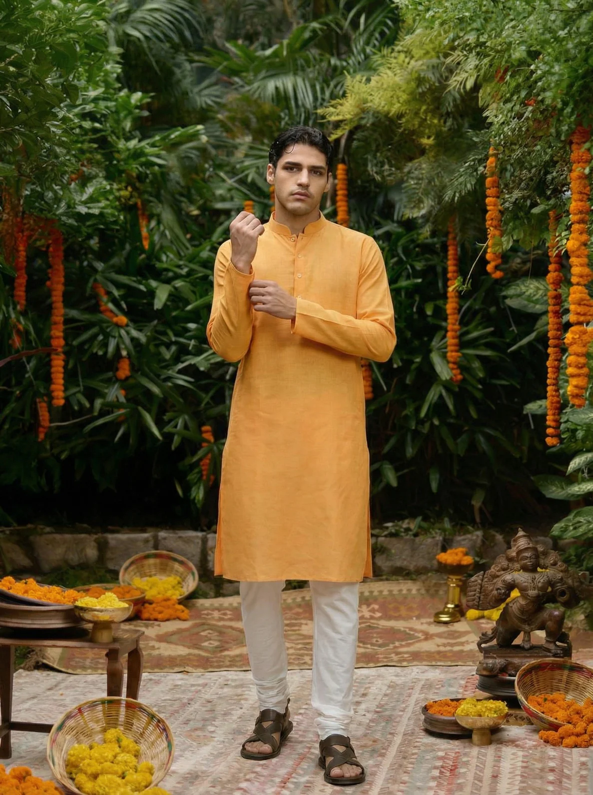 Yellow Silk Blend Solid Long Kurta - Image 7