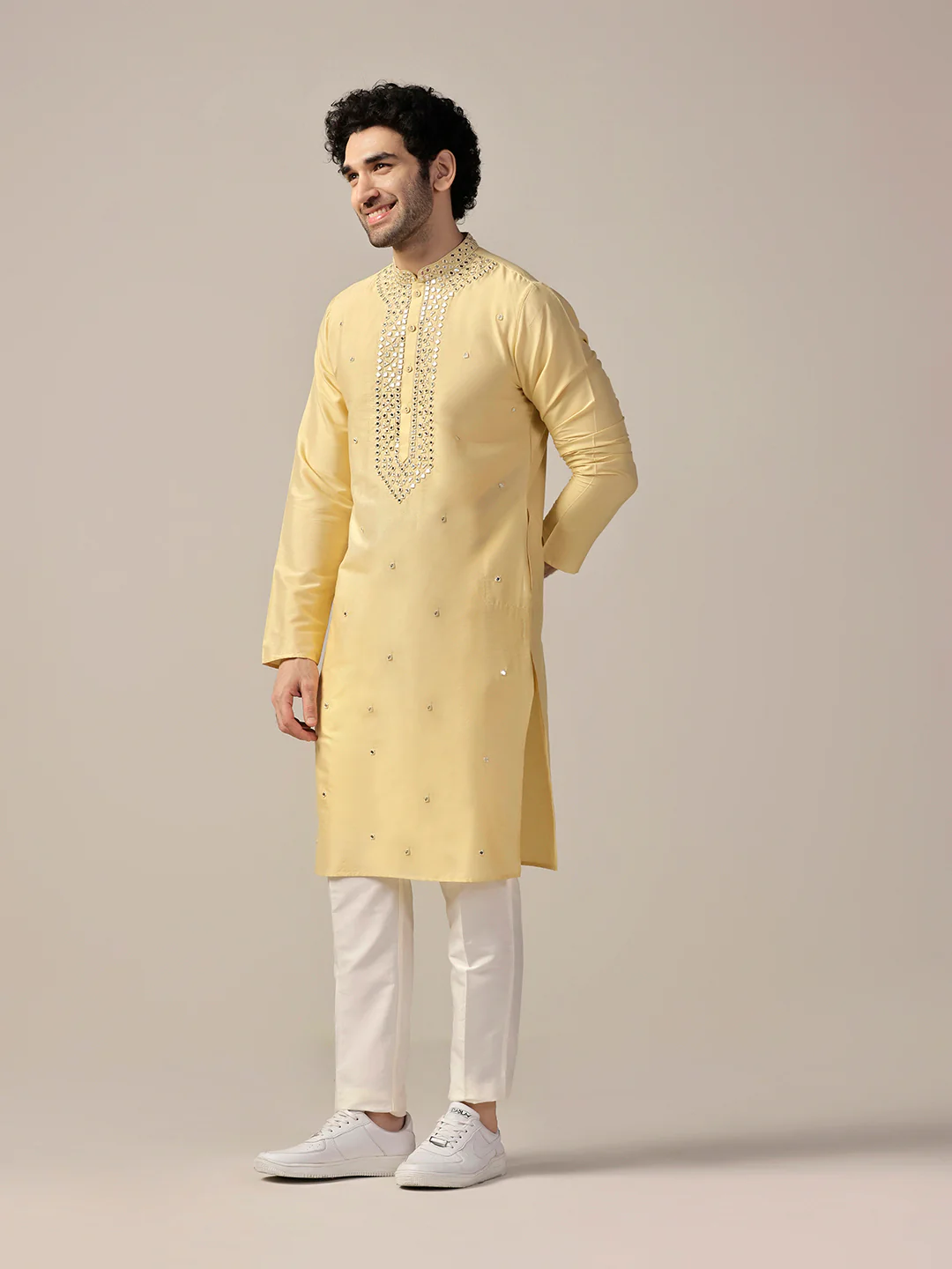 Yellow Silk Blend Heavy Mirror Work Kurta - Image 3
