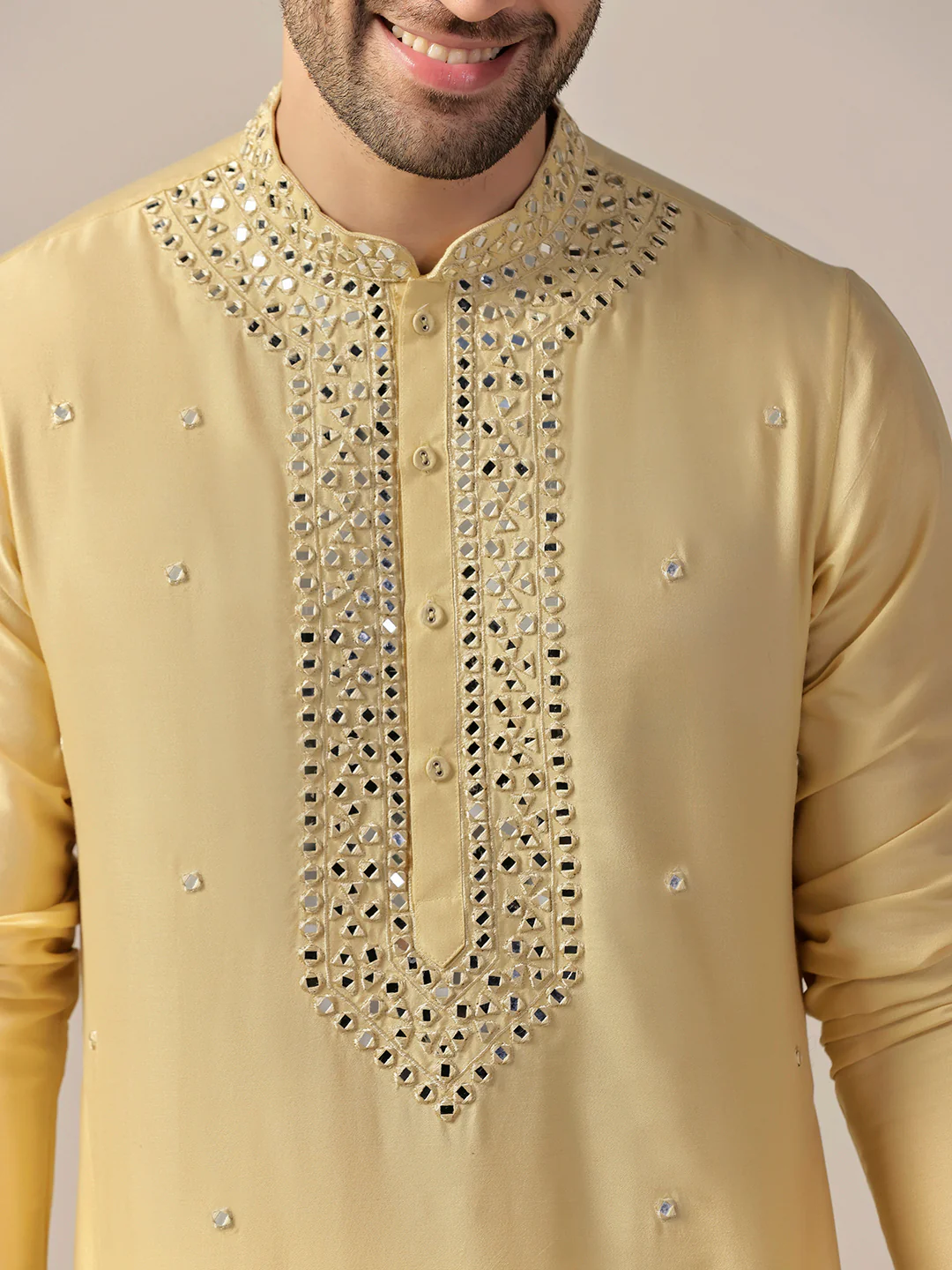 Yellow Silk Blend Heavy Mirror Work Kurta - Image 5