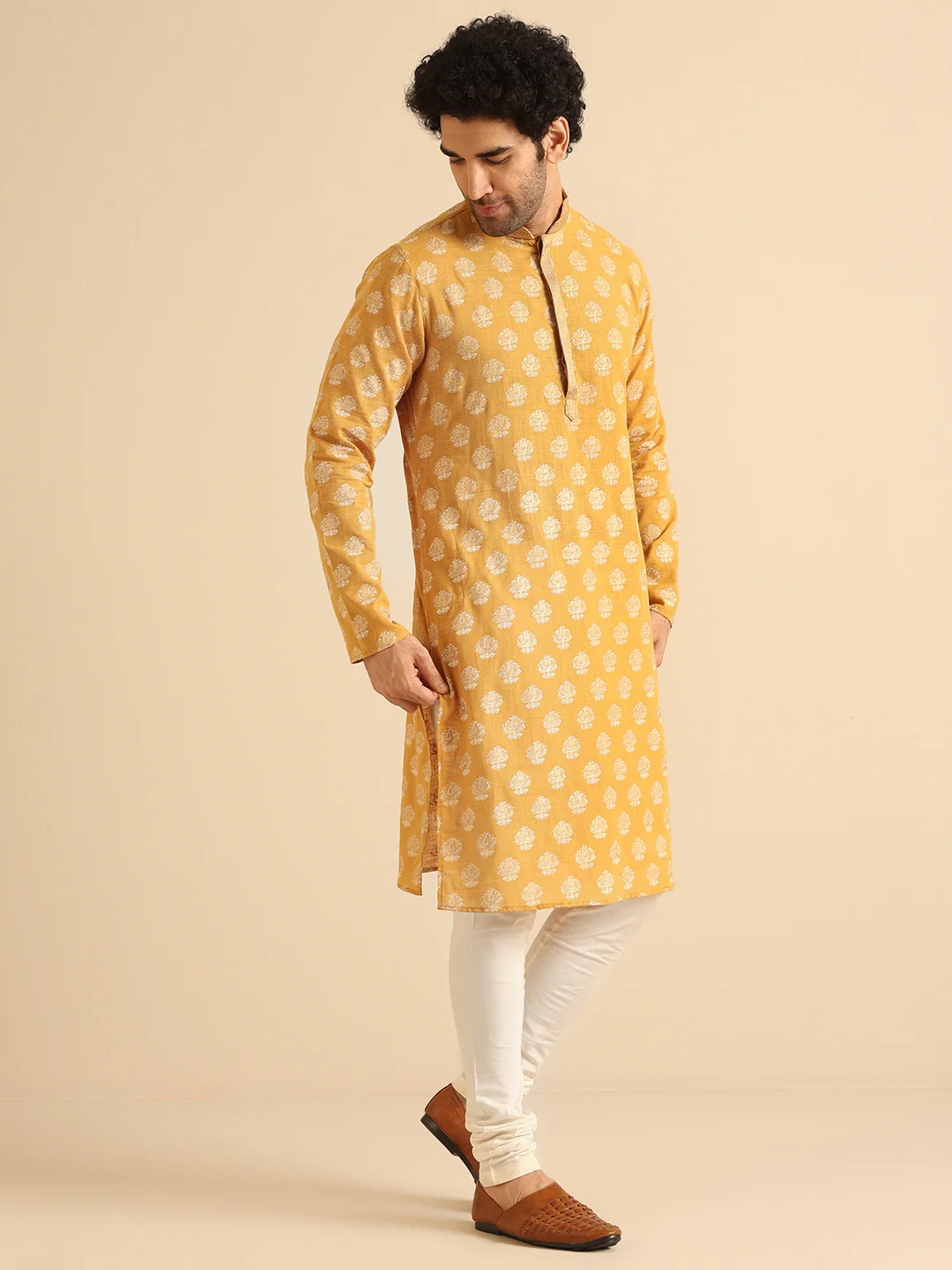 Mustard Yellow Jacquard Kurta - Image 3