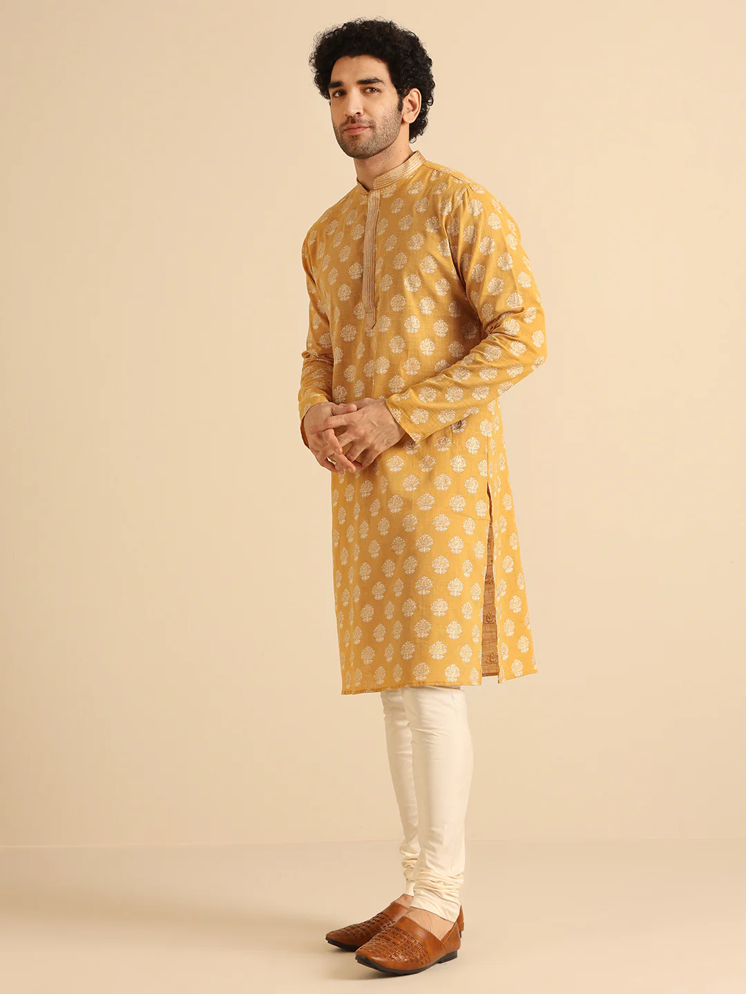 Mustard Yellow Jacquard Kurta - Image 4