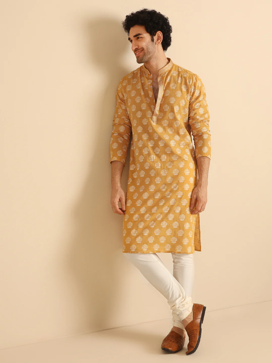 Mustard Yellow Jacquard Kurta - Image 7