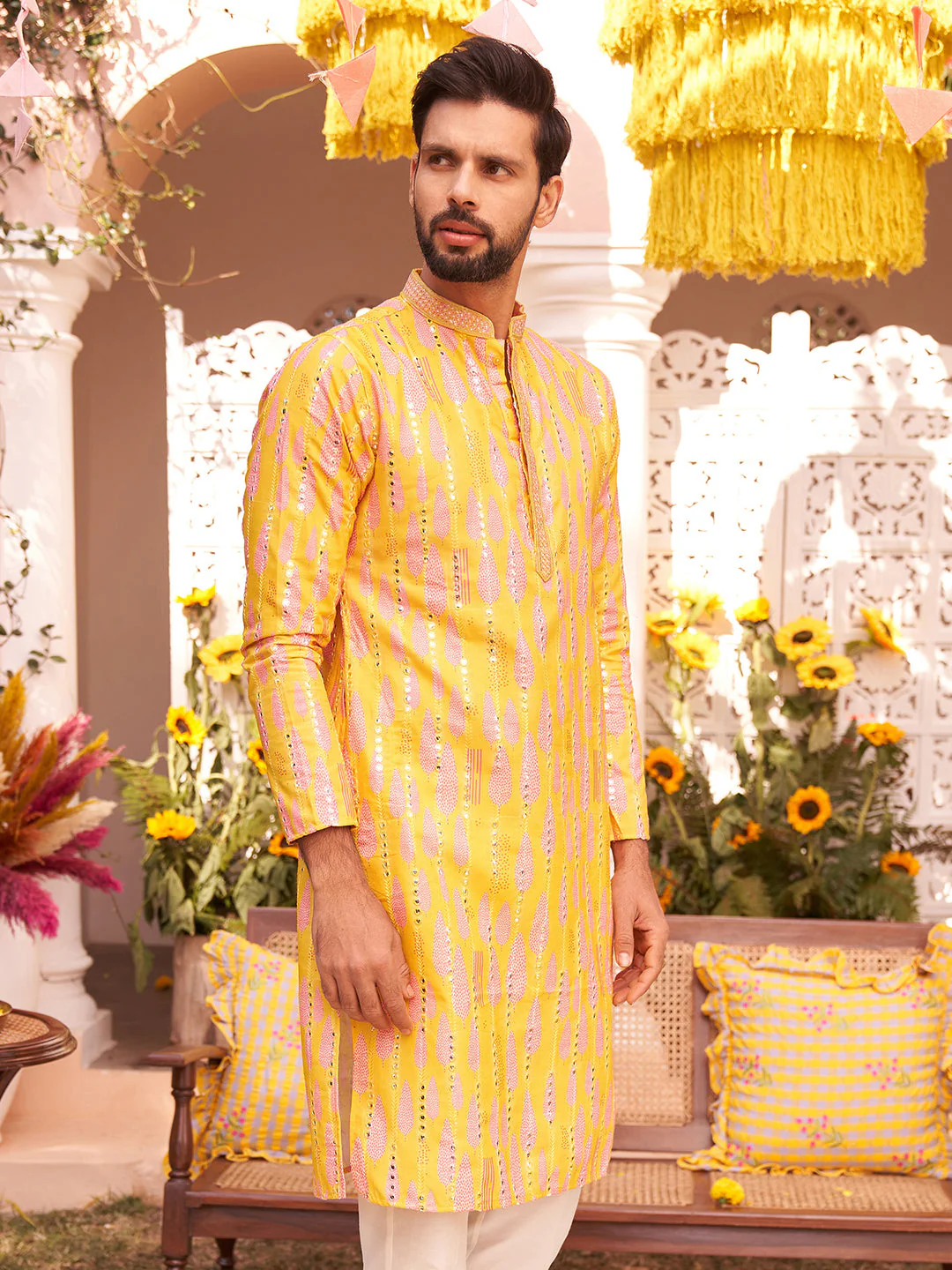 Yellow Printed Mirror Work Kurta - Image 10