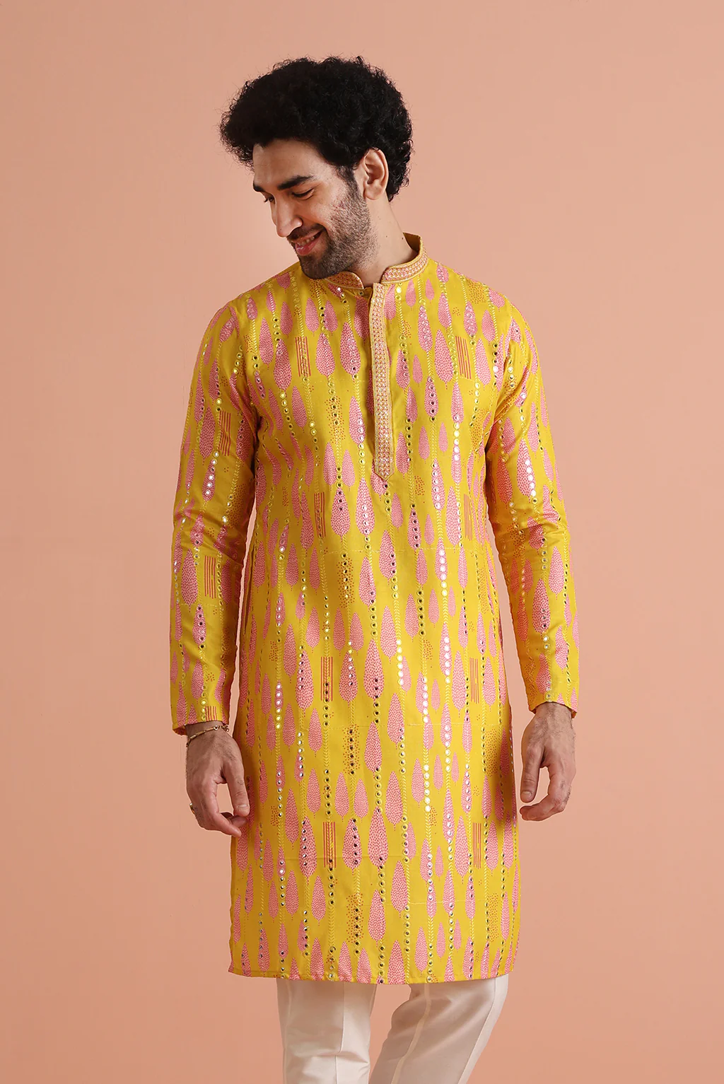 Yellow Printed Mirror Work Kurta - Image 2