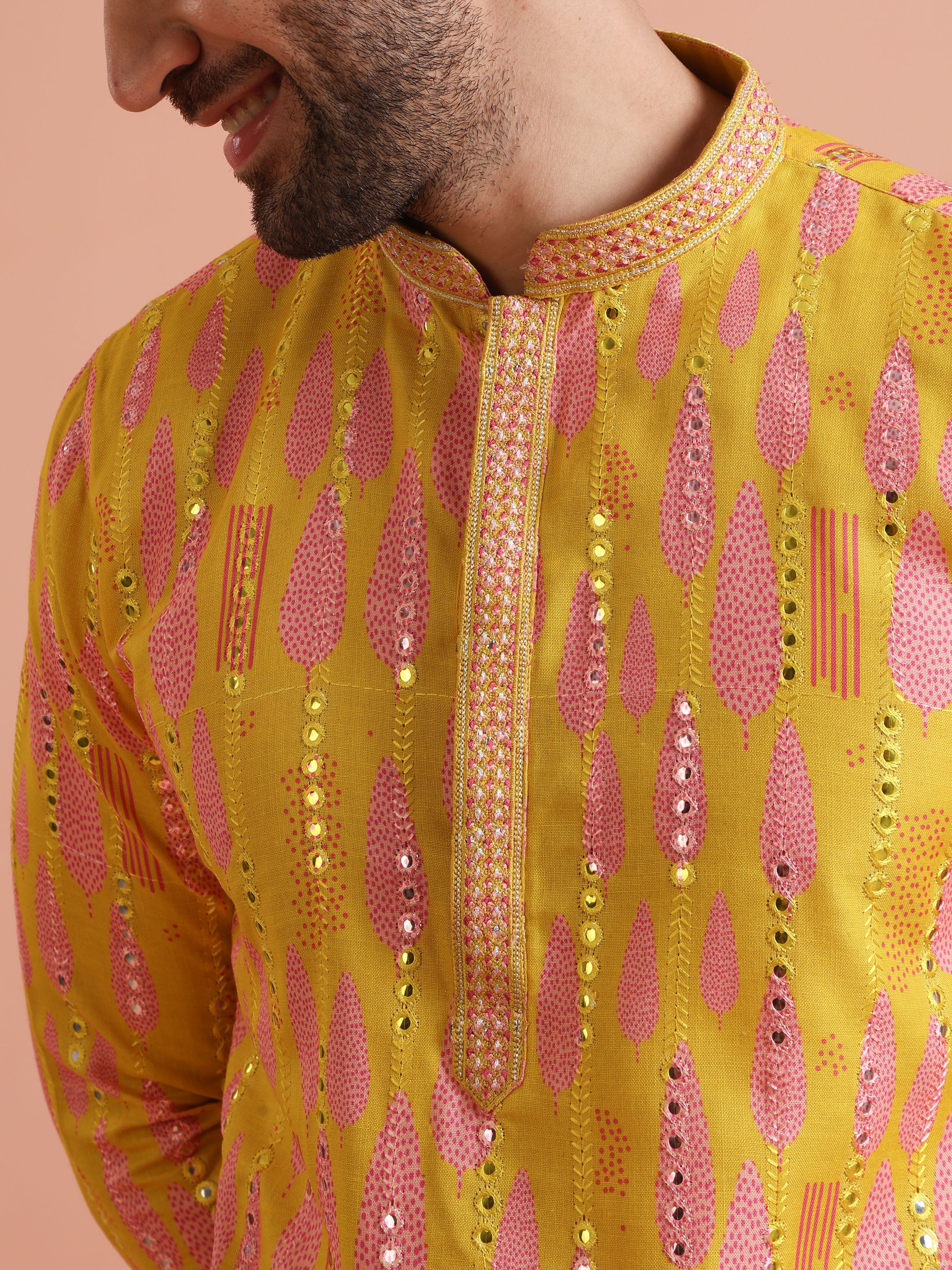 Yellow Printed Mirror Work Kurta - Image 6