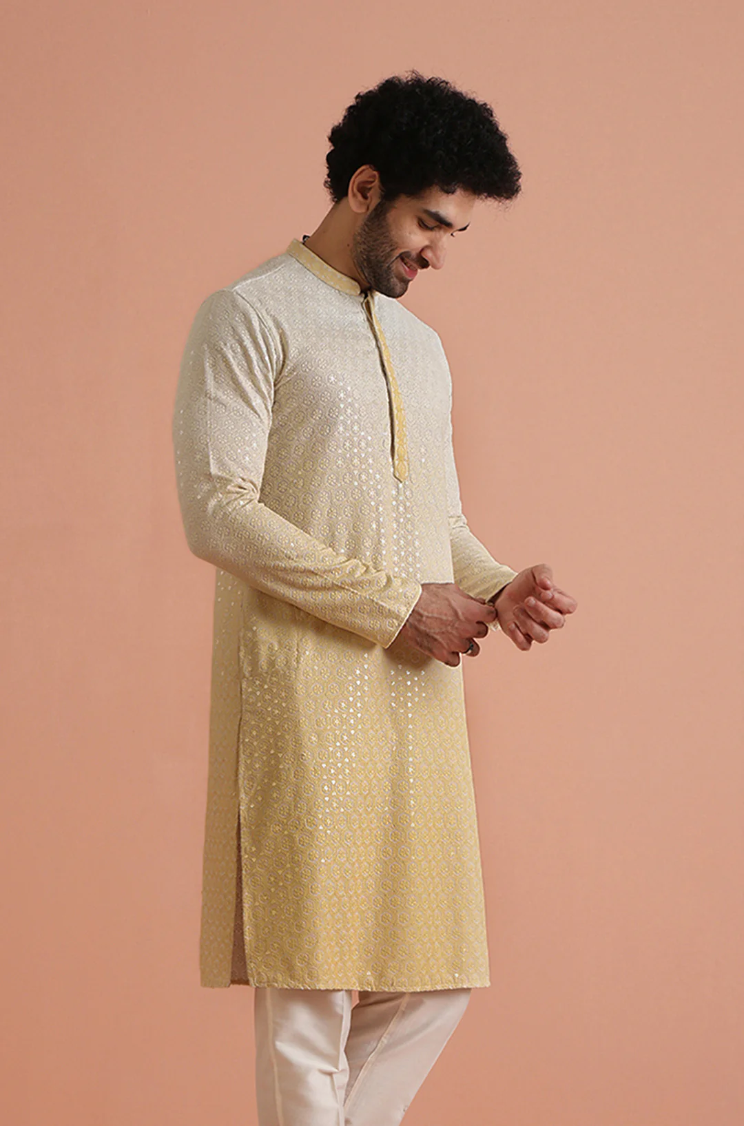 Cream Ombre Silk Blend Mirror Work Kurta - Image 3