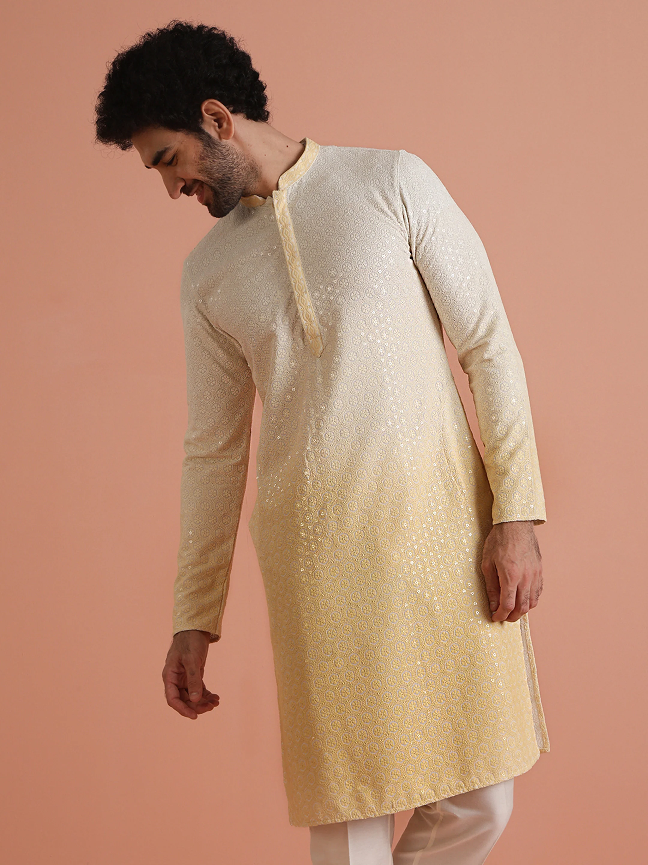 Cream Ombre Silk Blend Mirror Work Kurta - Image 4