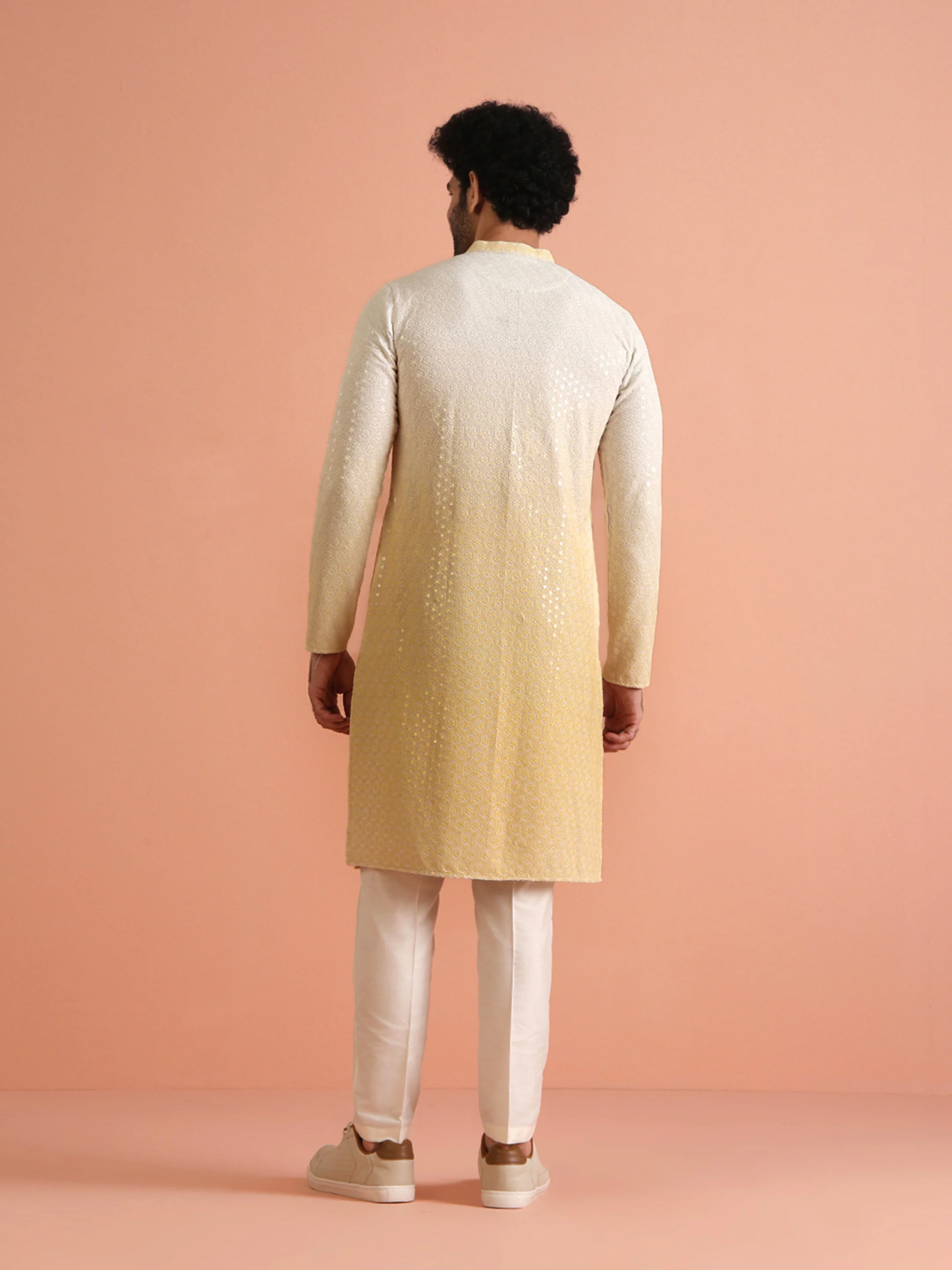 Cream Ombre Silk Blend Mirror Work Kurta - Image 5