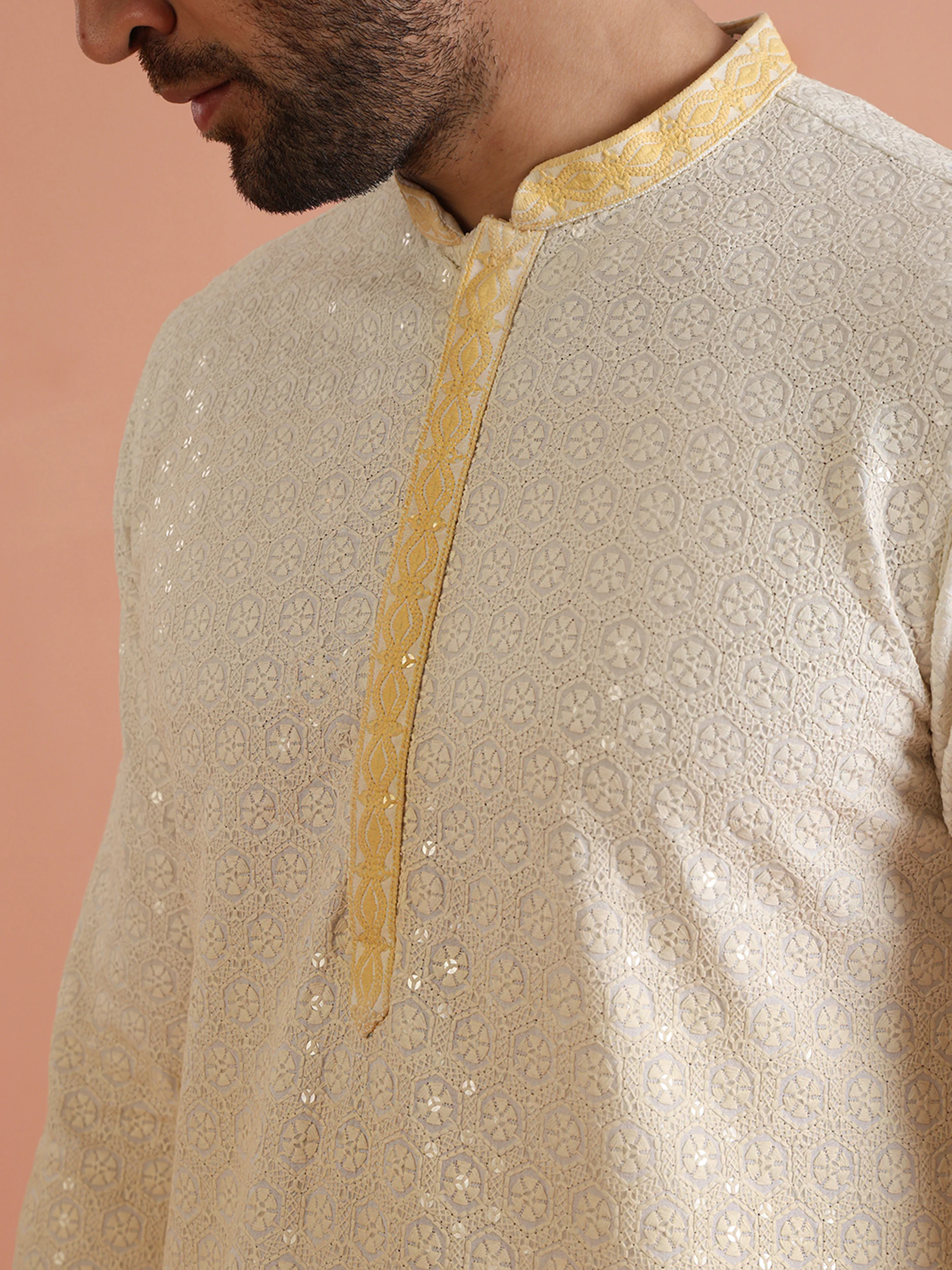 Cream Ombre Silk Blend Mirror Work Kurta - Image 6