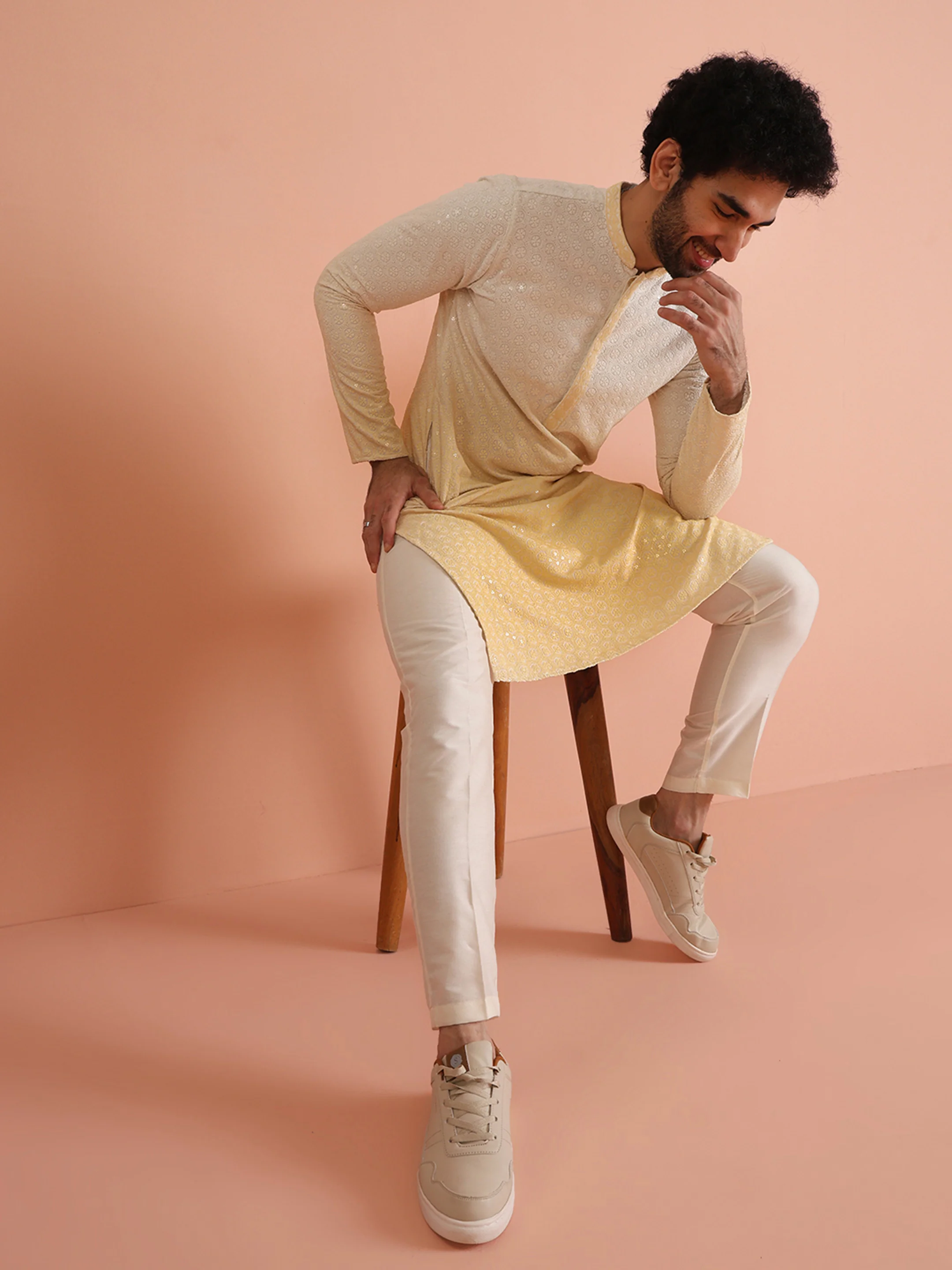 Cream Ombre Silk Blend Mirror Work Kurta - Image 7