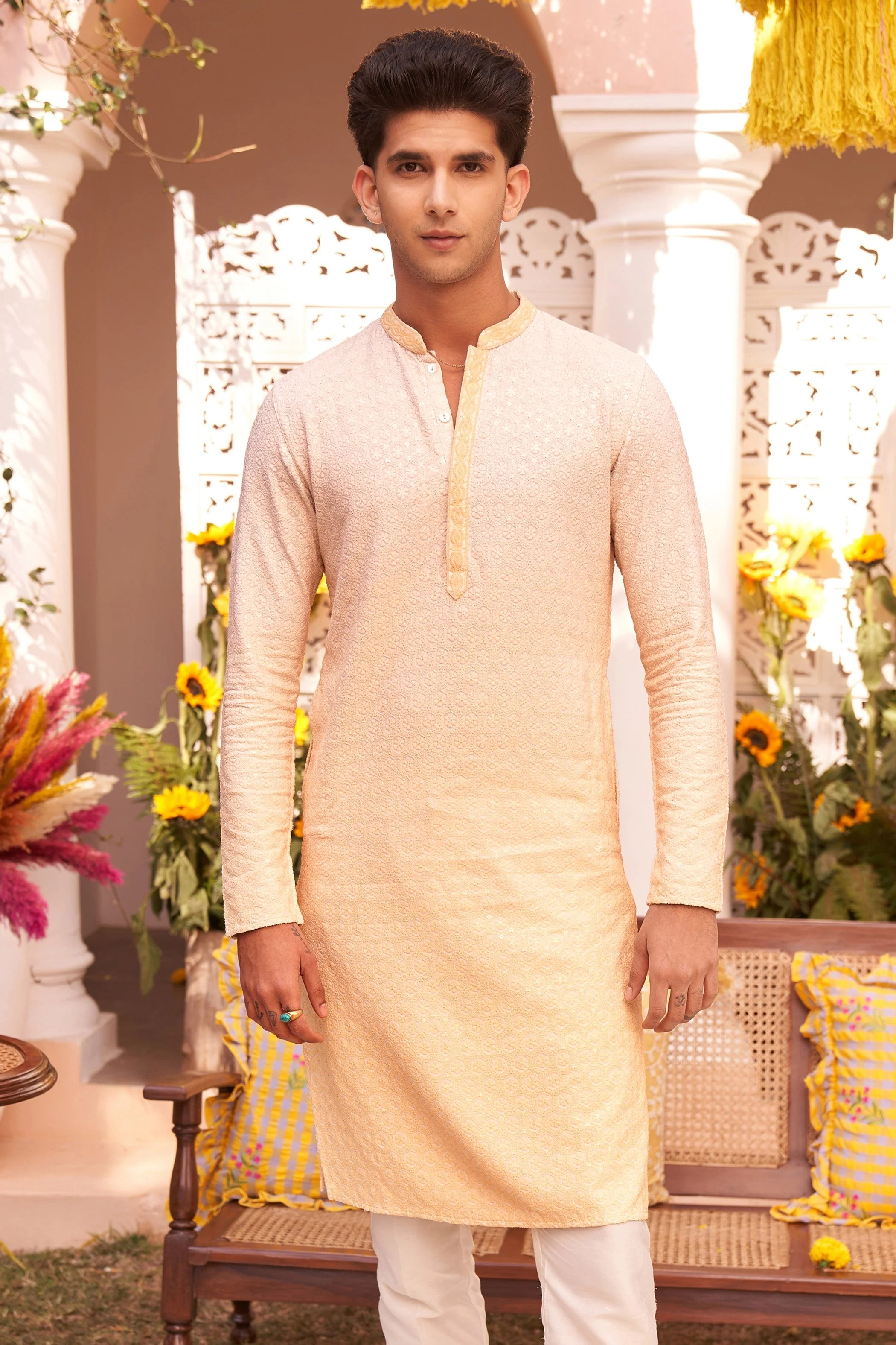Cream Ombre Silk Blend Mirror Work Kurta - Image 9