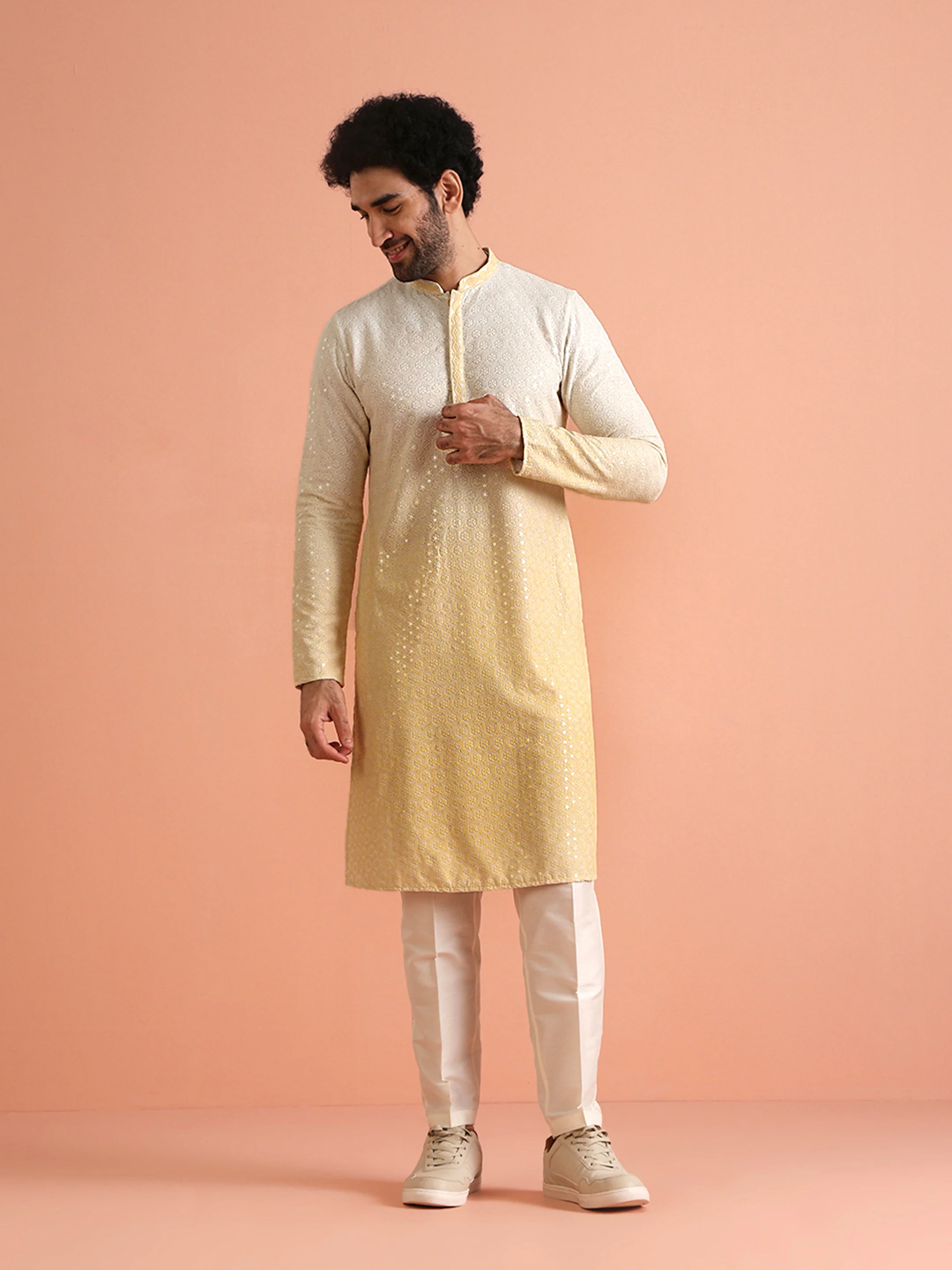 Cream Yellow Ombre Kurta with White Trouser - Image 4