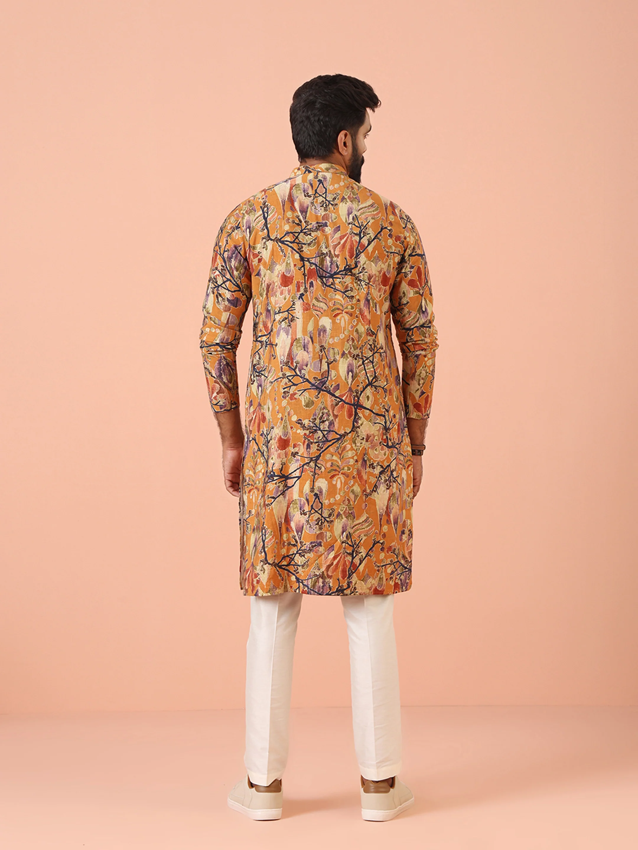 Orange Printed Silk Blend Long Kurta - Image 4